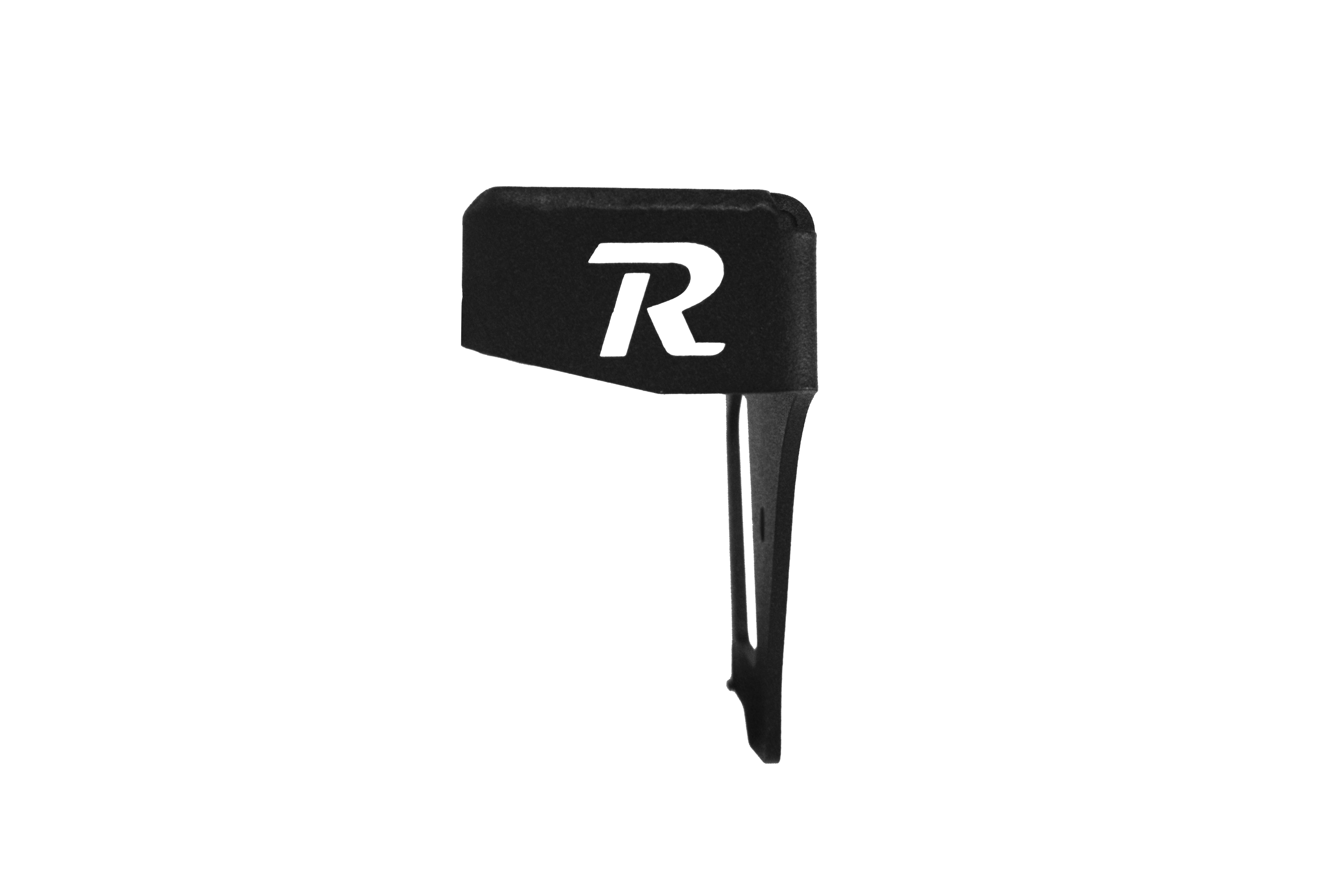 Black metal mounting bracket with cutout R logo for off-road vehicle accessories