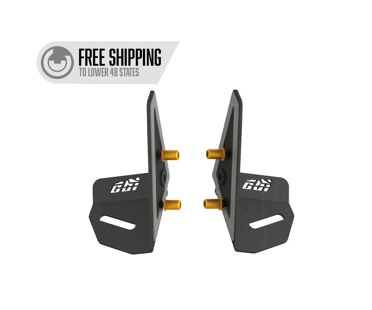 Pair of black powder-coated steel mounting brackets with gold bolts for vehicle accessory installation, ideal for overlanding trucks and SUVs.