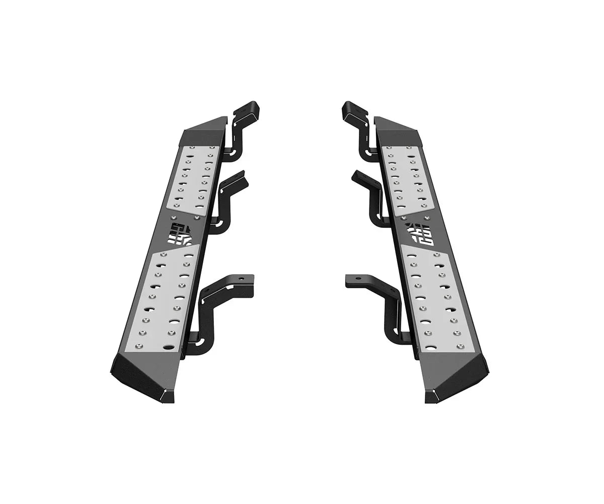 Pair of heavy-duty black and silver truck side steps with mounting brackets for off-road vehicles