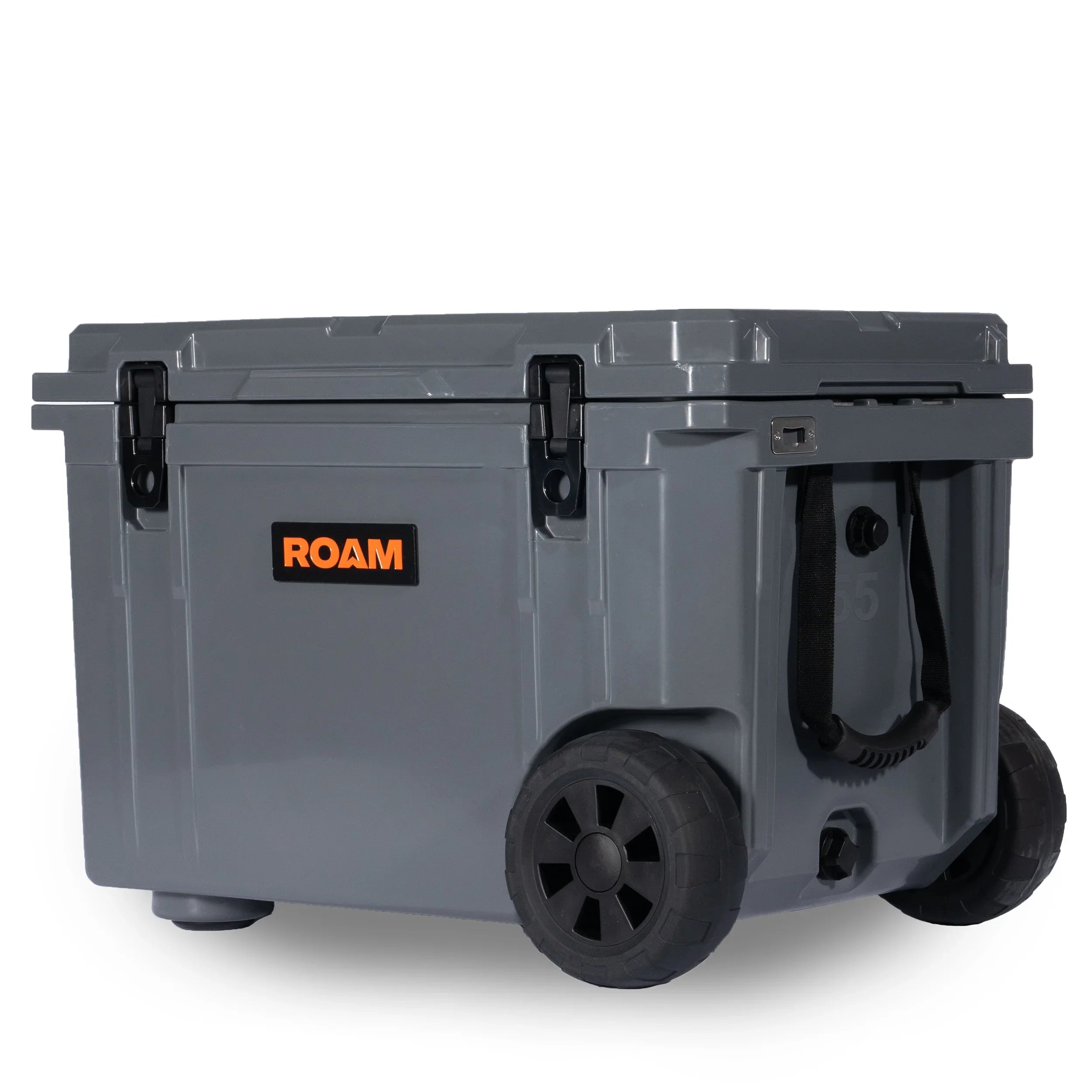 Gray 55L rolling hard cooler with wheels, latches, side handle, and ROAM logo for camping