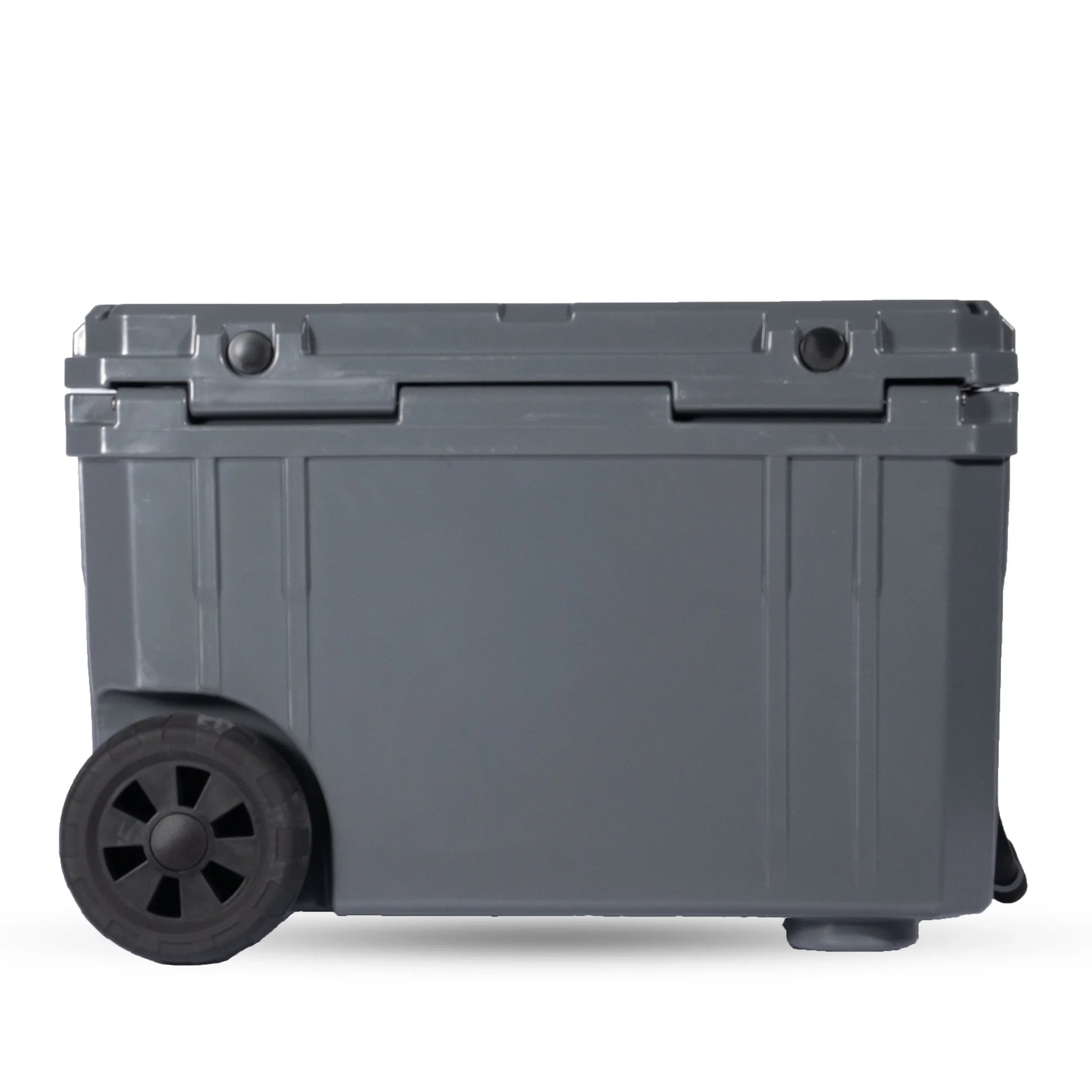 Large gray rolling storage box with wheels for overlanding and camping gear