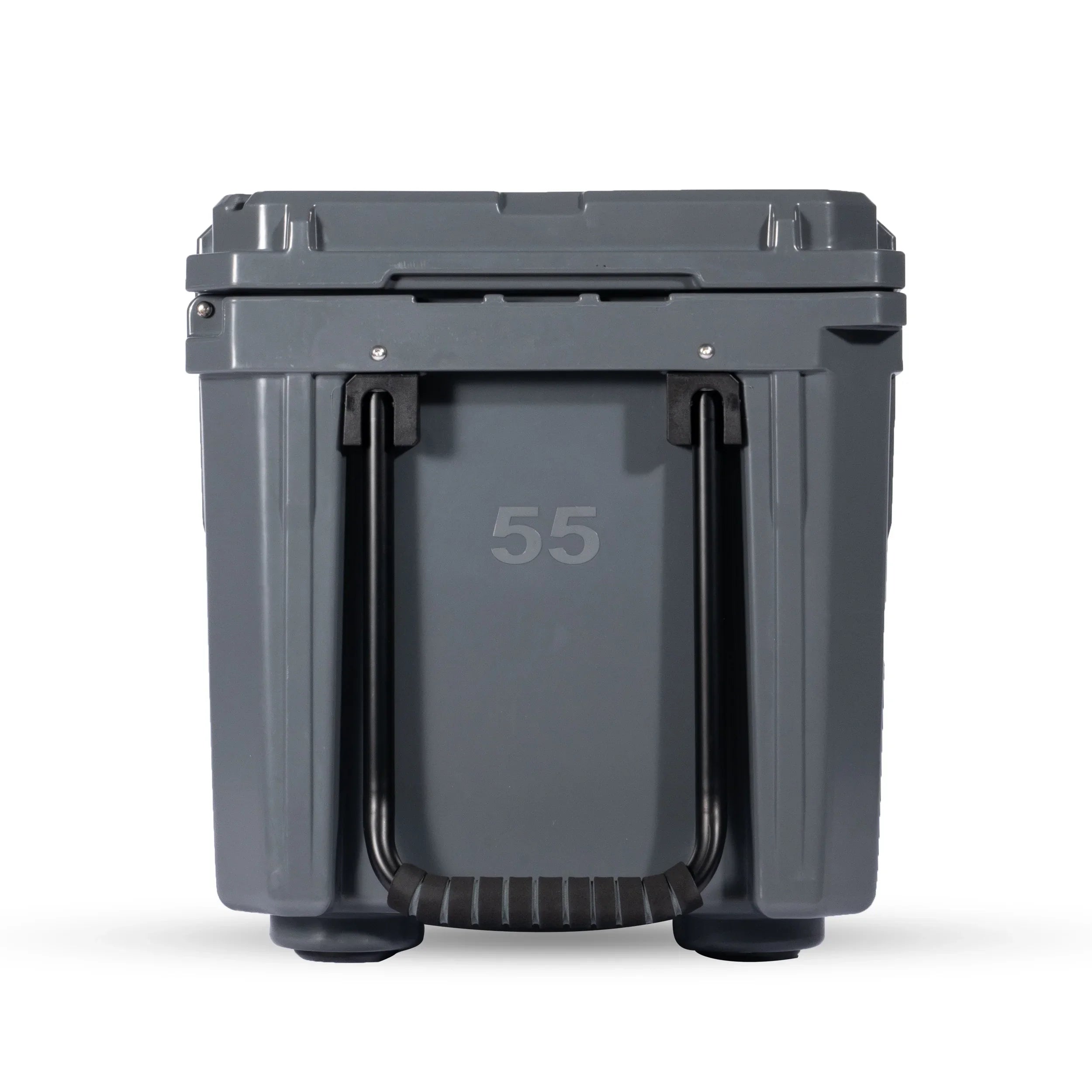 Gray 55L rolling storage box with large handle, ideal for overlanding and camping gear
