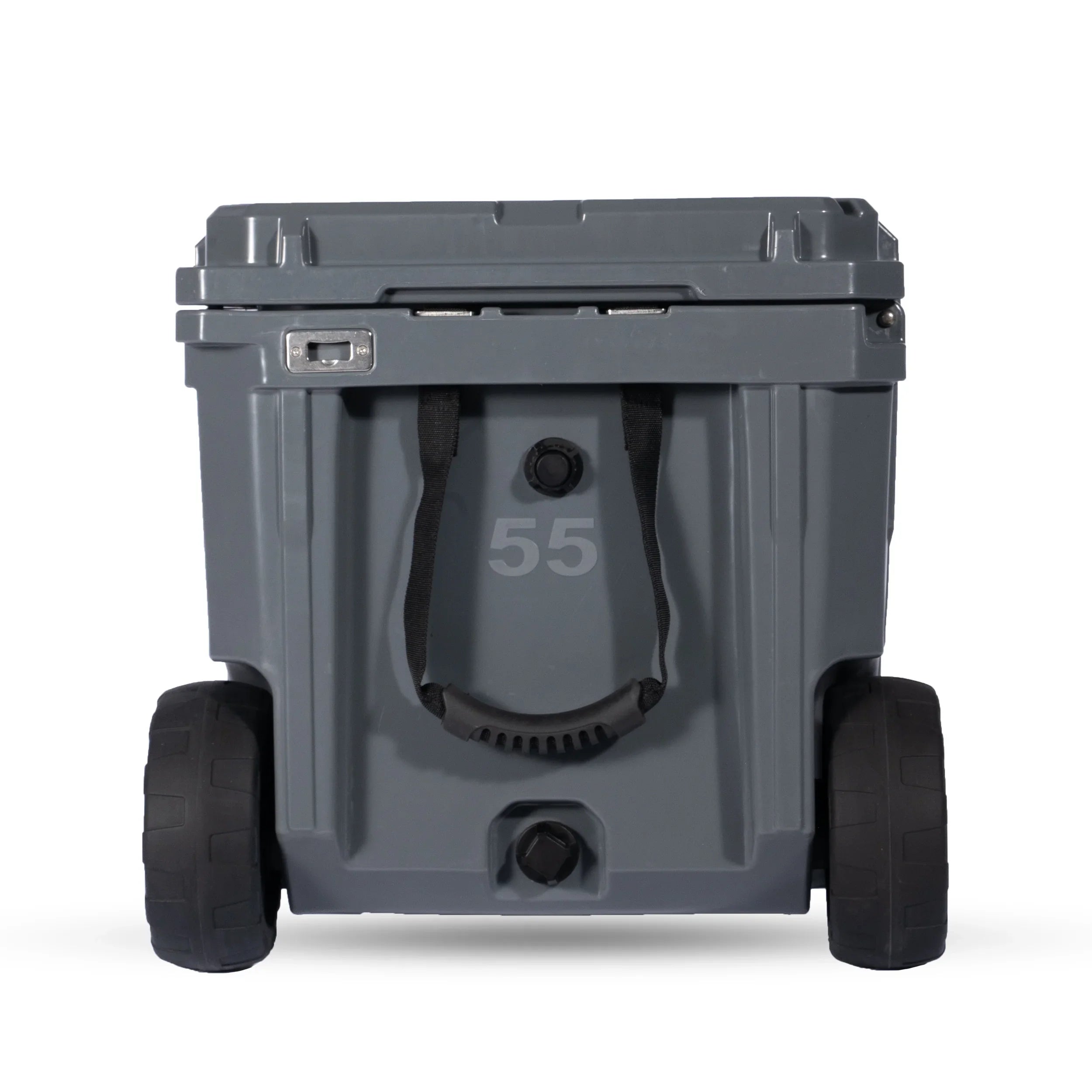 Gray 55L heavy-duty rolling cooler with large wheels and front handle for camping gear.