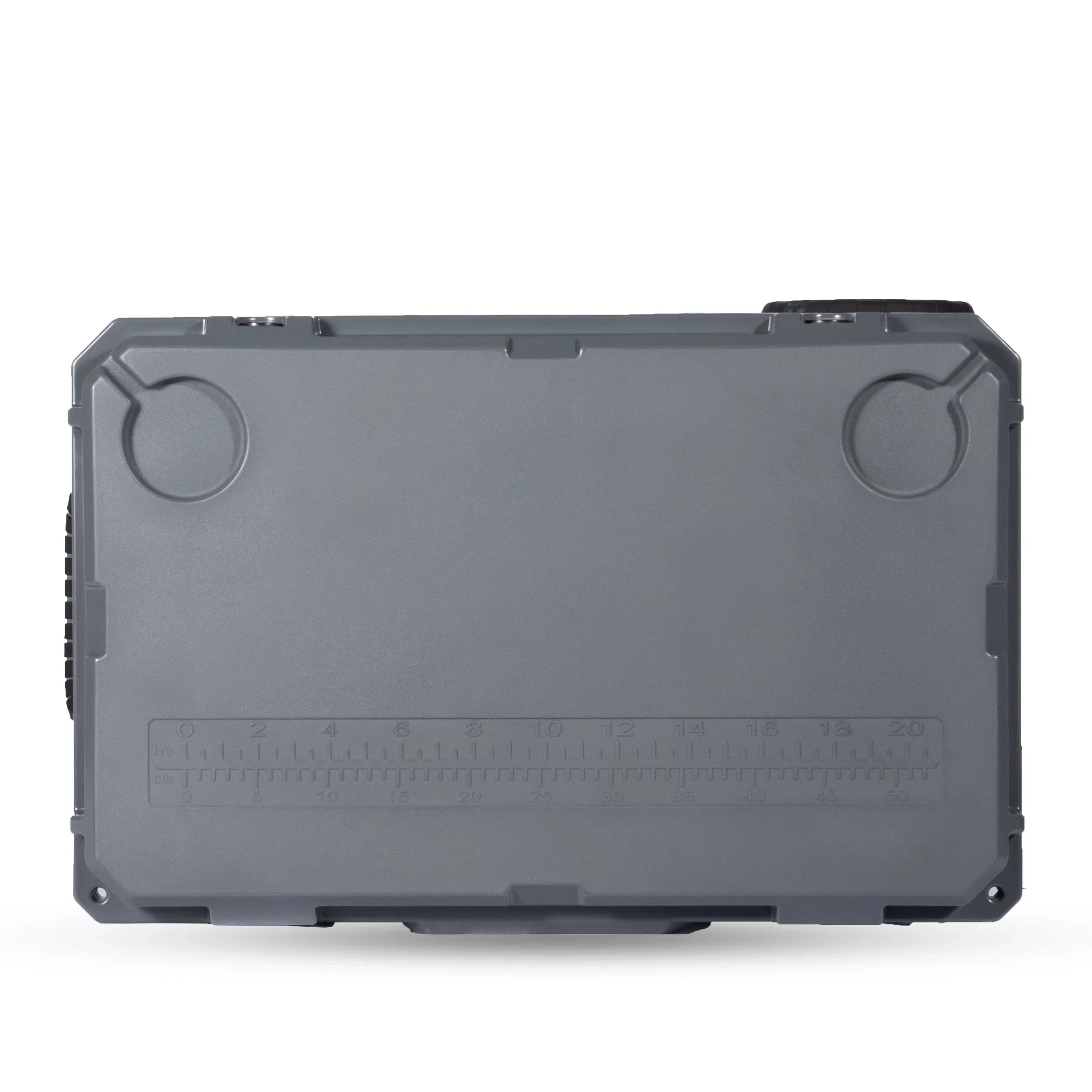 Gray 55L rolling storage box with integrated measuring scale, rugged camping gear