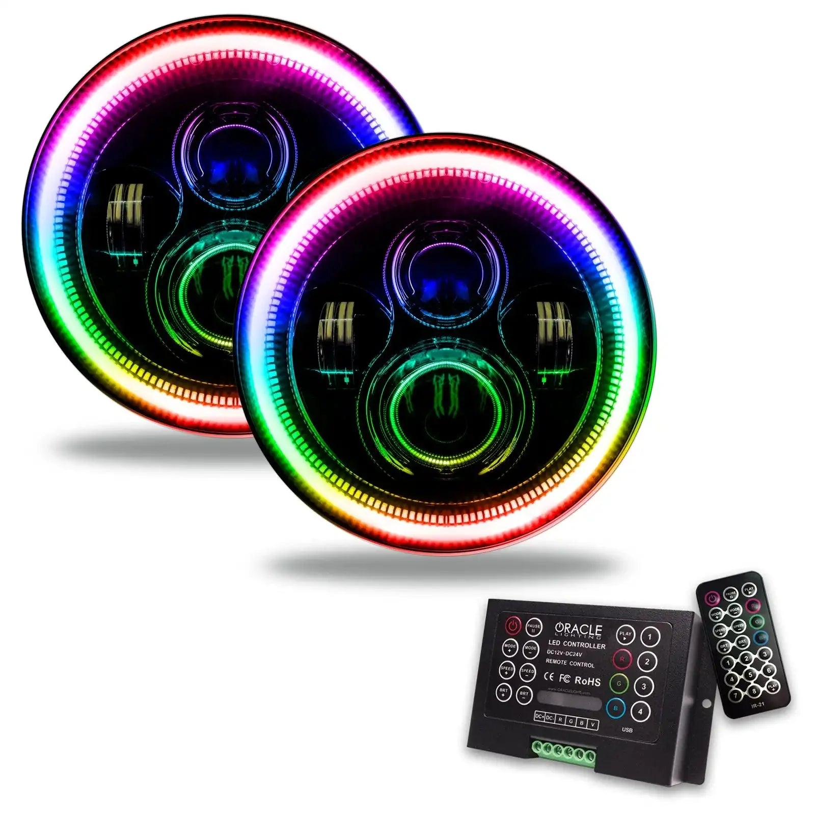 Pair of RGB LED headlights with multicolor halo rings and remote controller, ideal for off-road vehicles