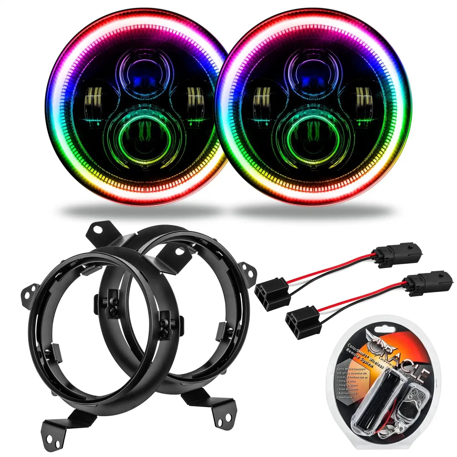 LED RGB halo headlights kit with wiring, remote, and mounting brackets for off-road vehicles