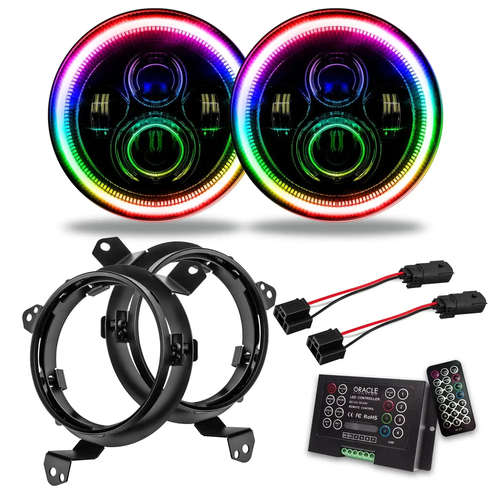 LED RGB halo headlights kit with mounting brackets, wiring, controller, and remotes for vehicles