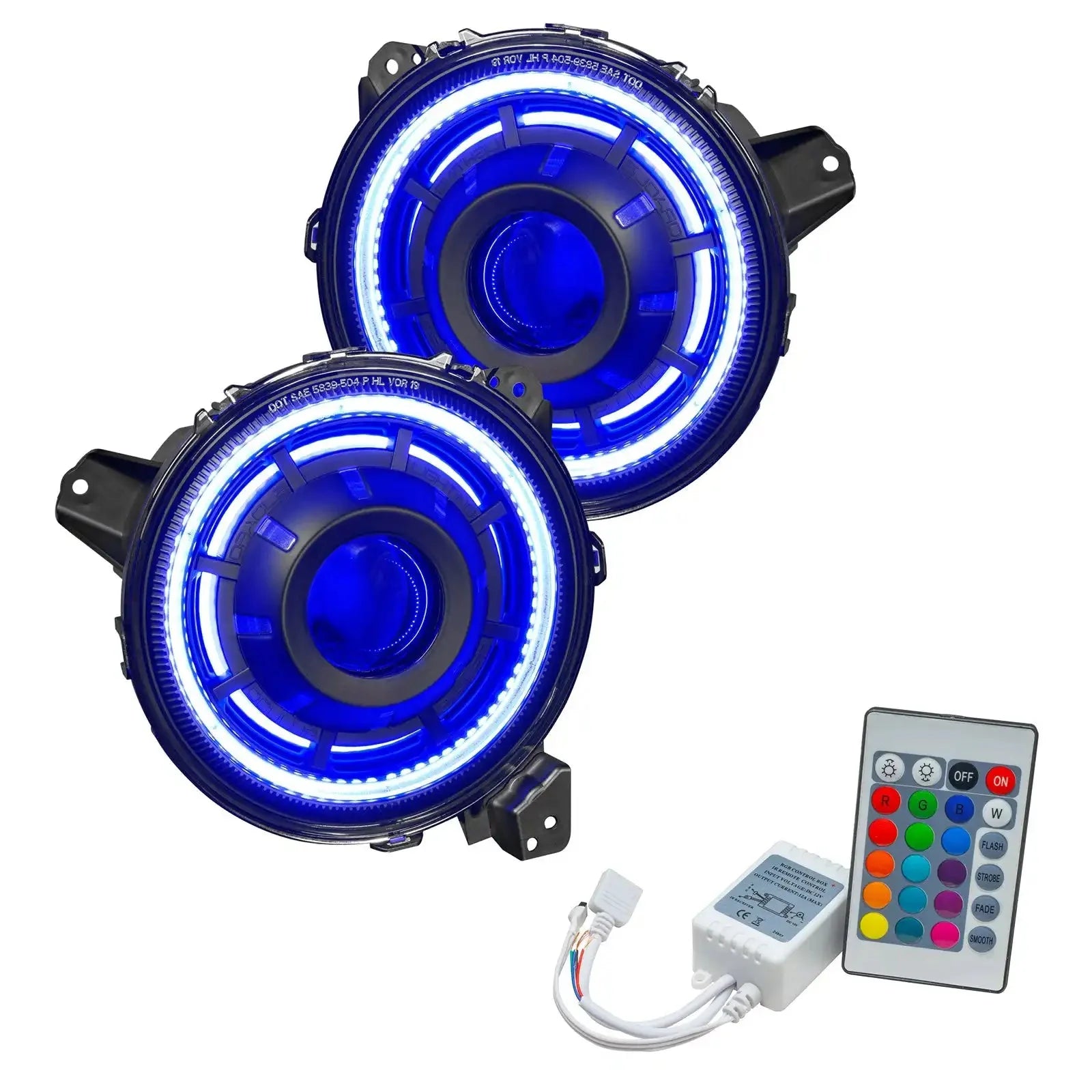 Pair of blue LED halo headlights with remote control for trucks or off-road vehicles