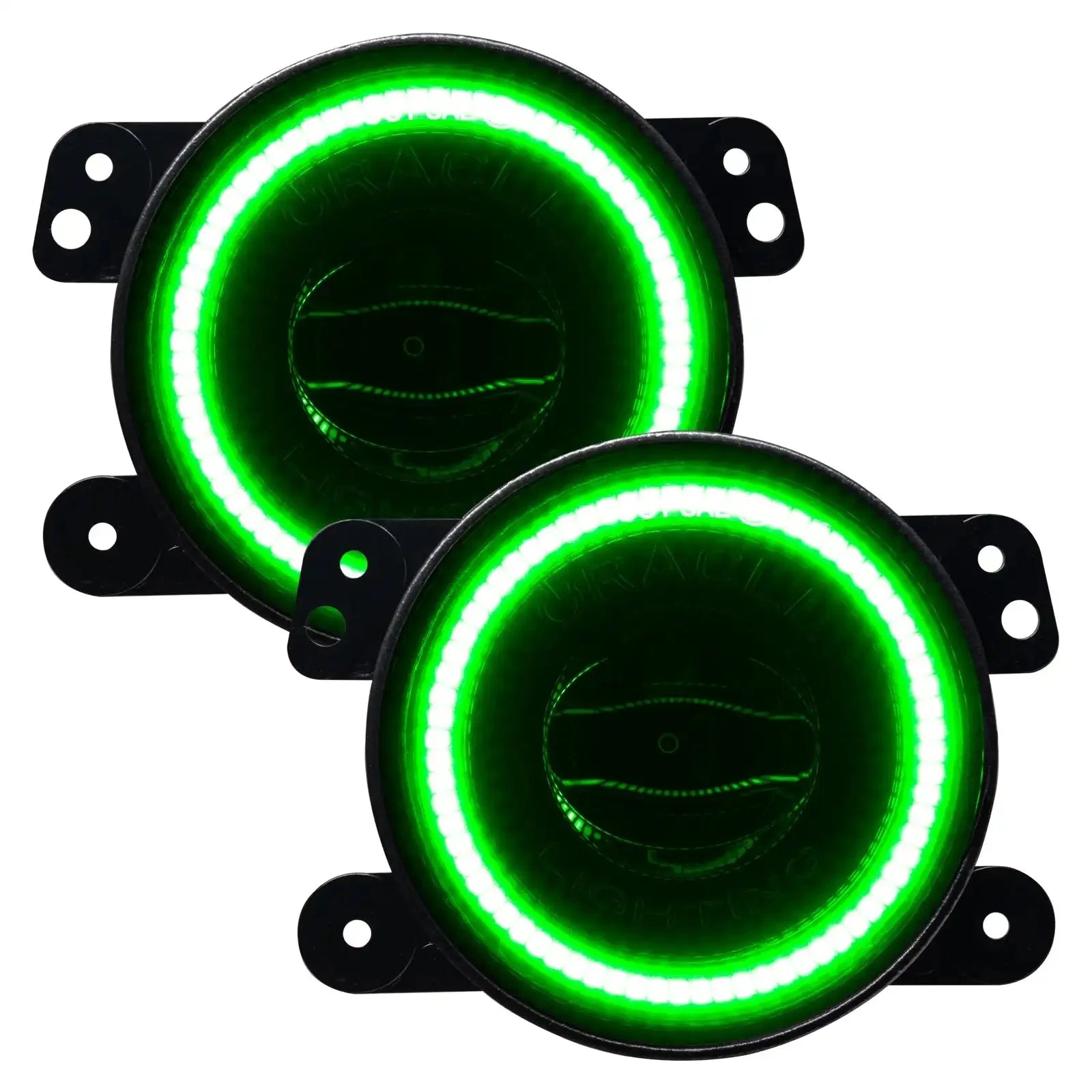 Pair of round green LED halo fog lights for off-road vehicles and trucks