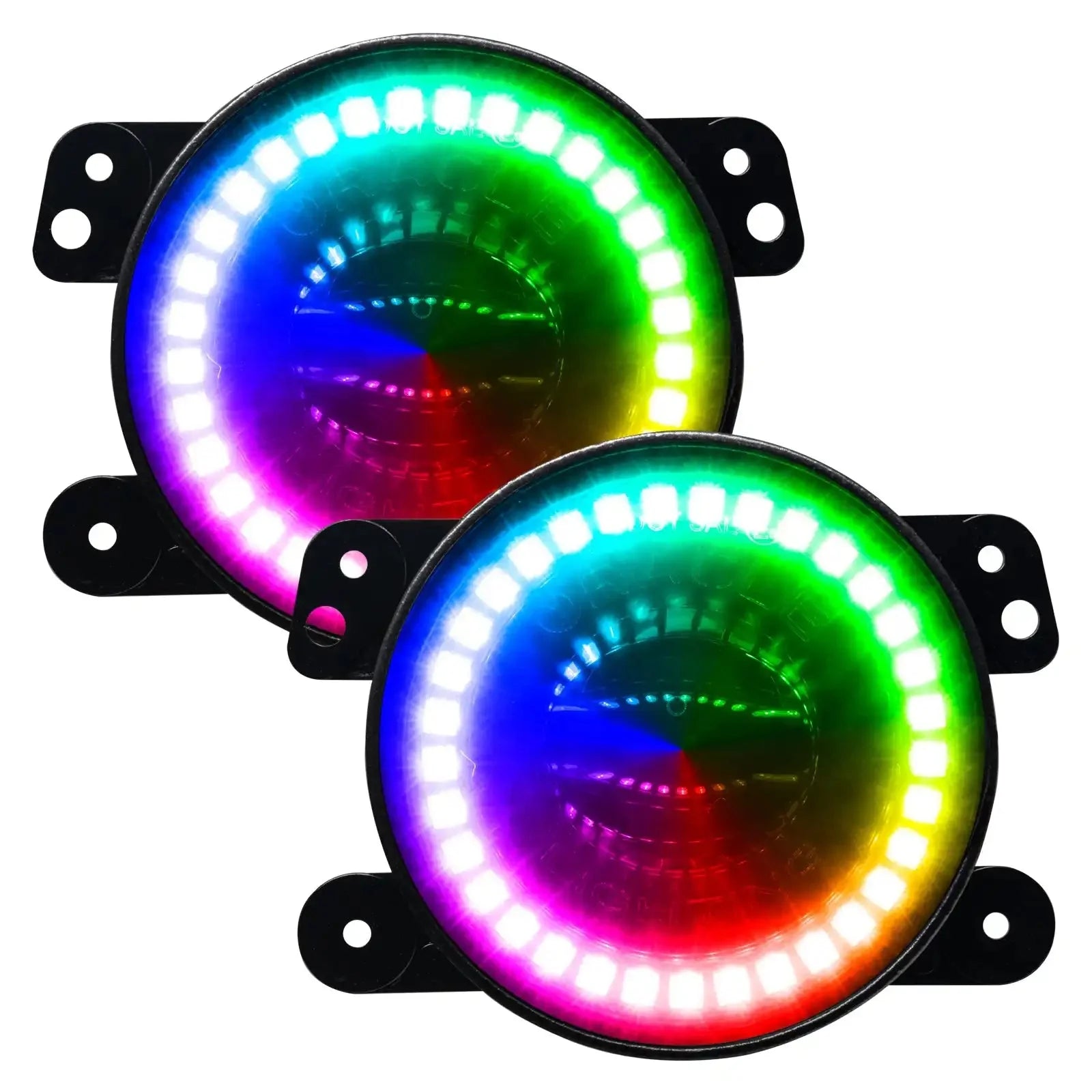 Pair of round RGB LED halo fog lights for off-road vehicle or truck, colorful pattern