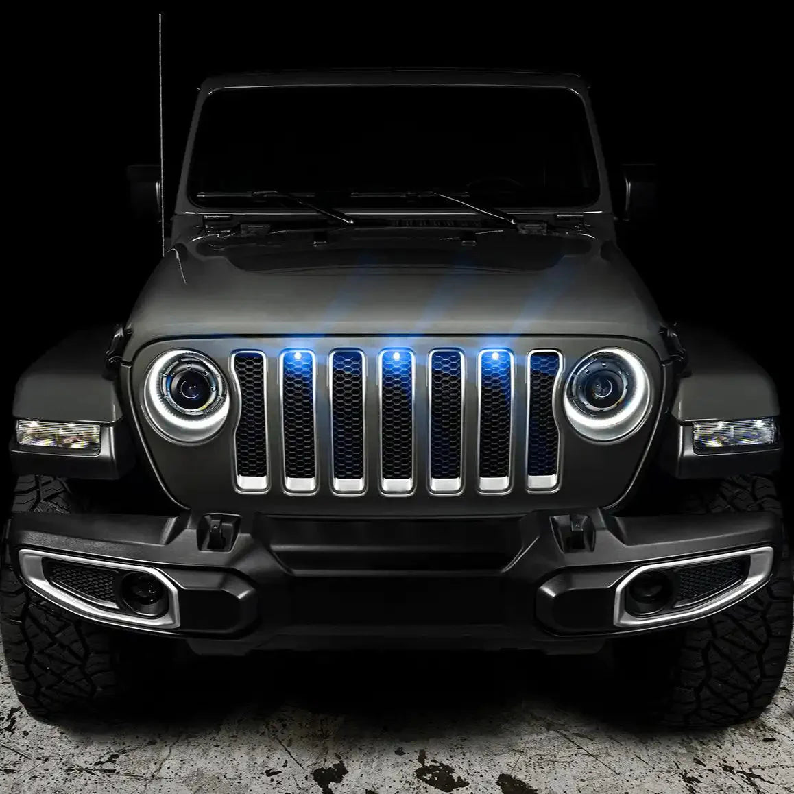 Front view of Jeep Wrangler with custom LED grille and headlights for overlanding