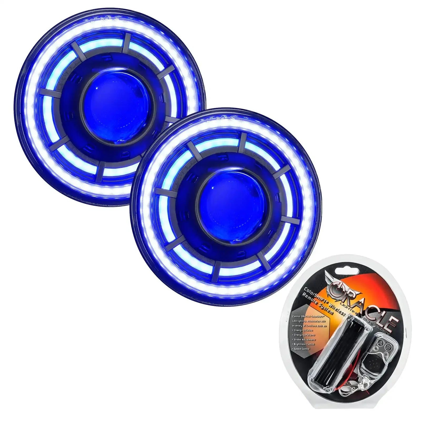 Pair of blue LED halo headlights with remote kit, compatible with off-road vehicles