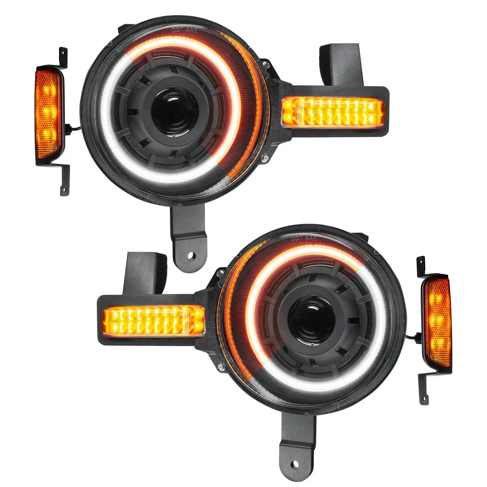 Pair of round LED halo projector headlights with amber turn signals for off-road vehicles