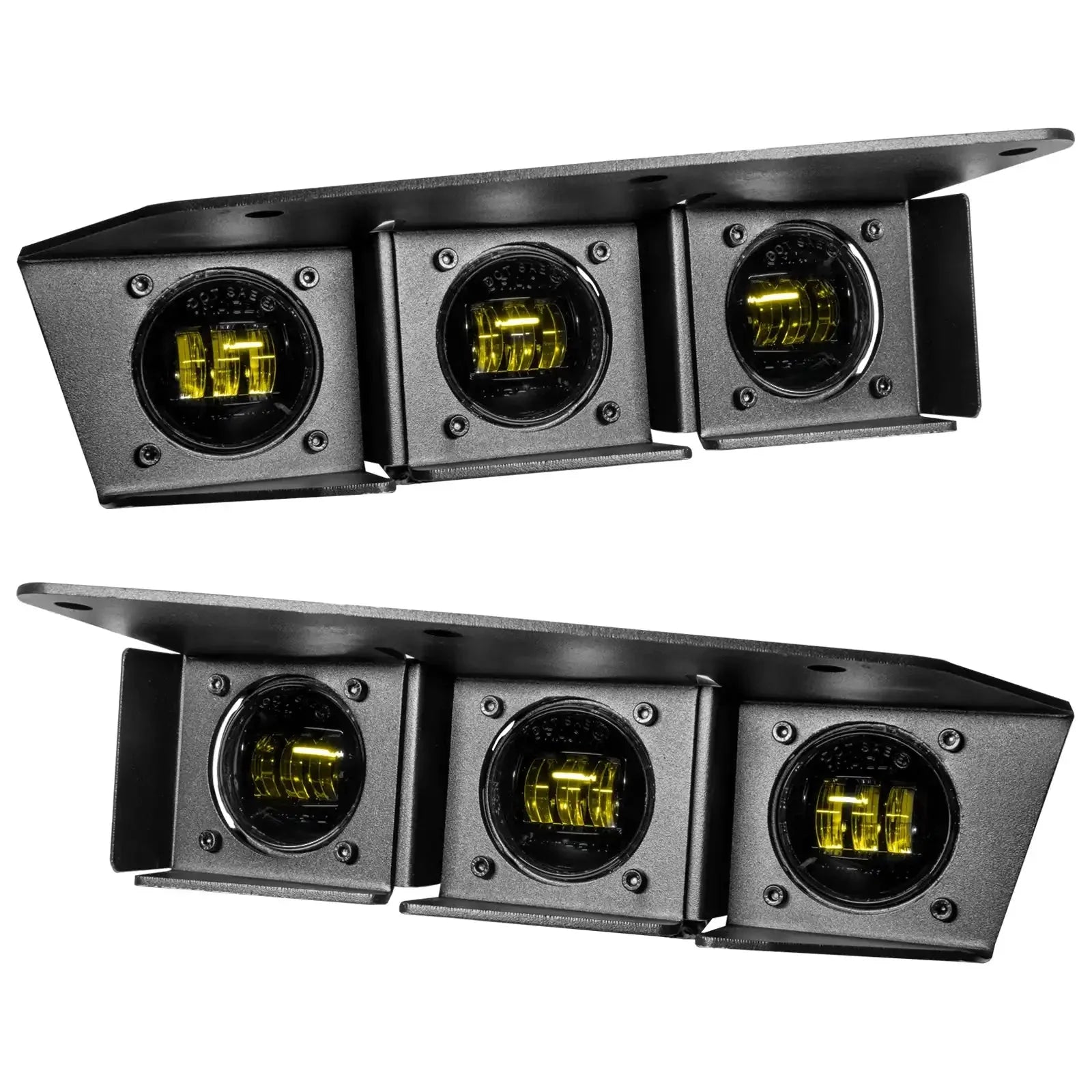 Pair of black off-road bumper fog light mounts with yellow LED lights for trucks and SUVs