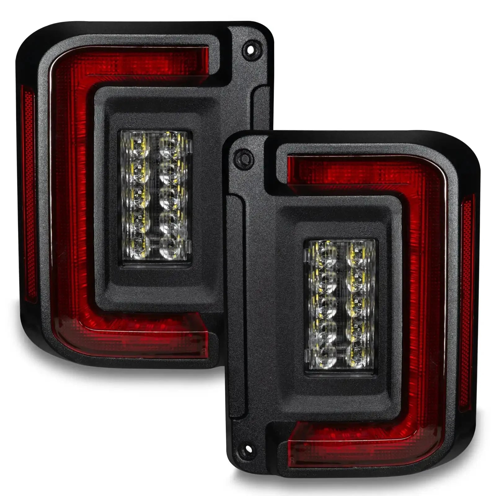 Pair of black and red LED tail lights for Jeep Wrangler, overlanding vehicle accessory