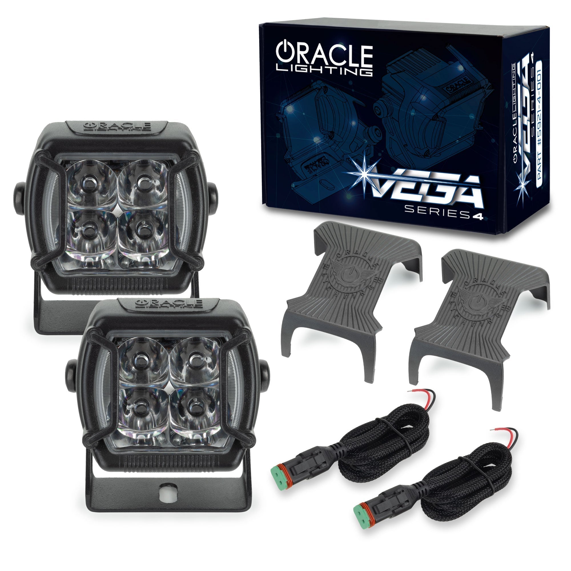 Off-road LED pod light kit with mounting brackets, wiring harnesses, and retail box