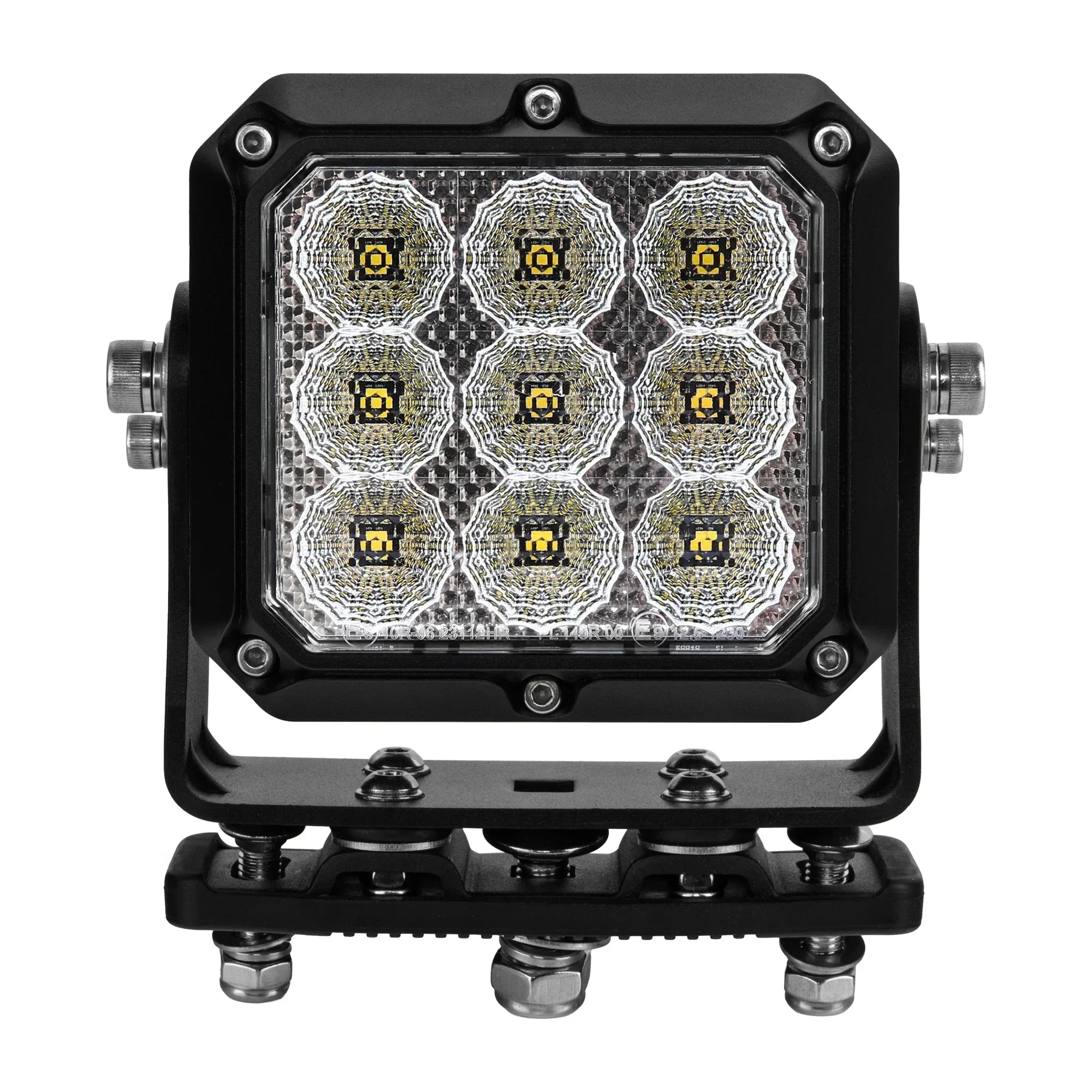 Close-up of a square LED off-road light with nine bulbs and black metal housing, ideal for trucks and overlanding vehicles.