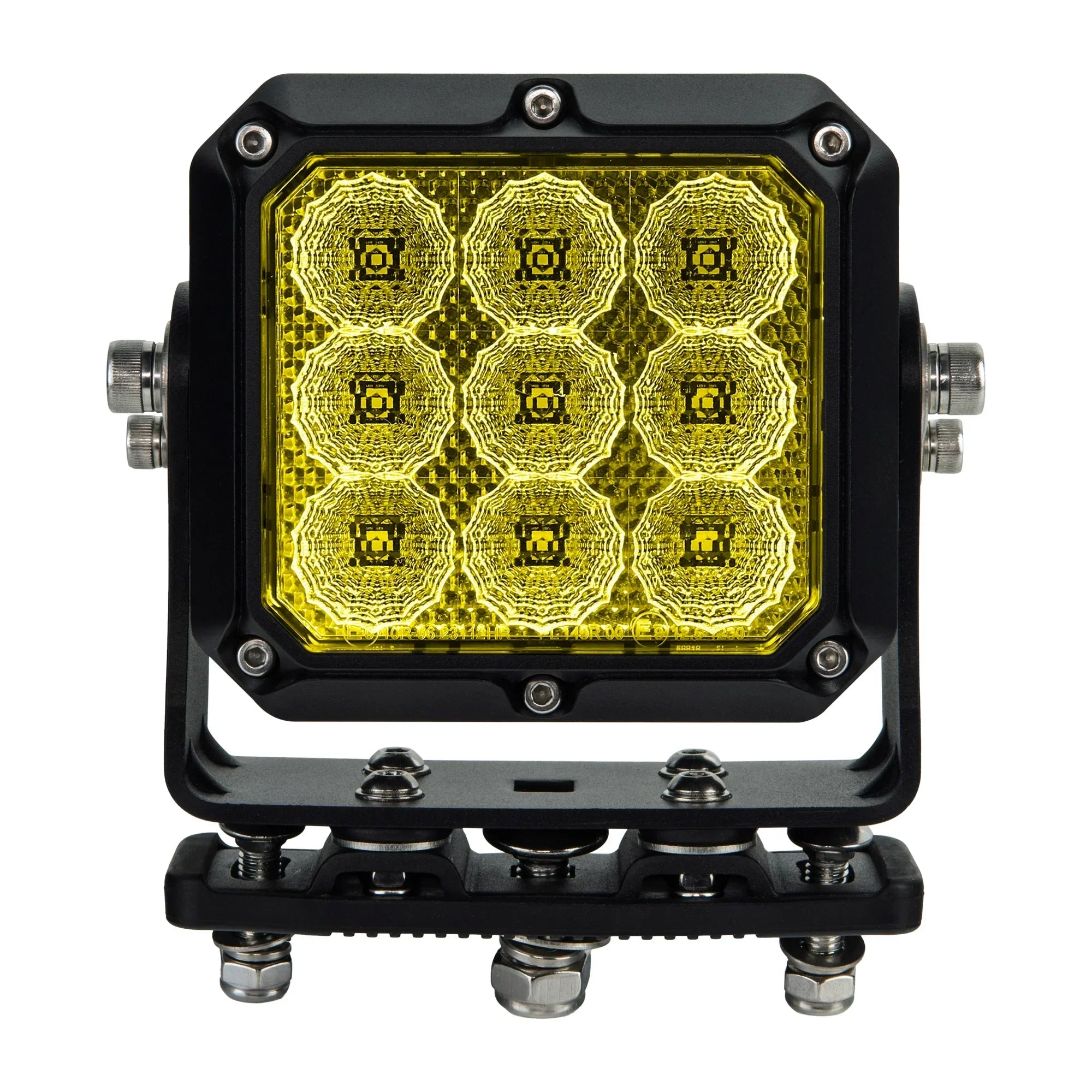 Yellow LED off-road light pod with nine reflector cells and black mounting bracket