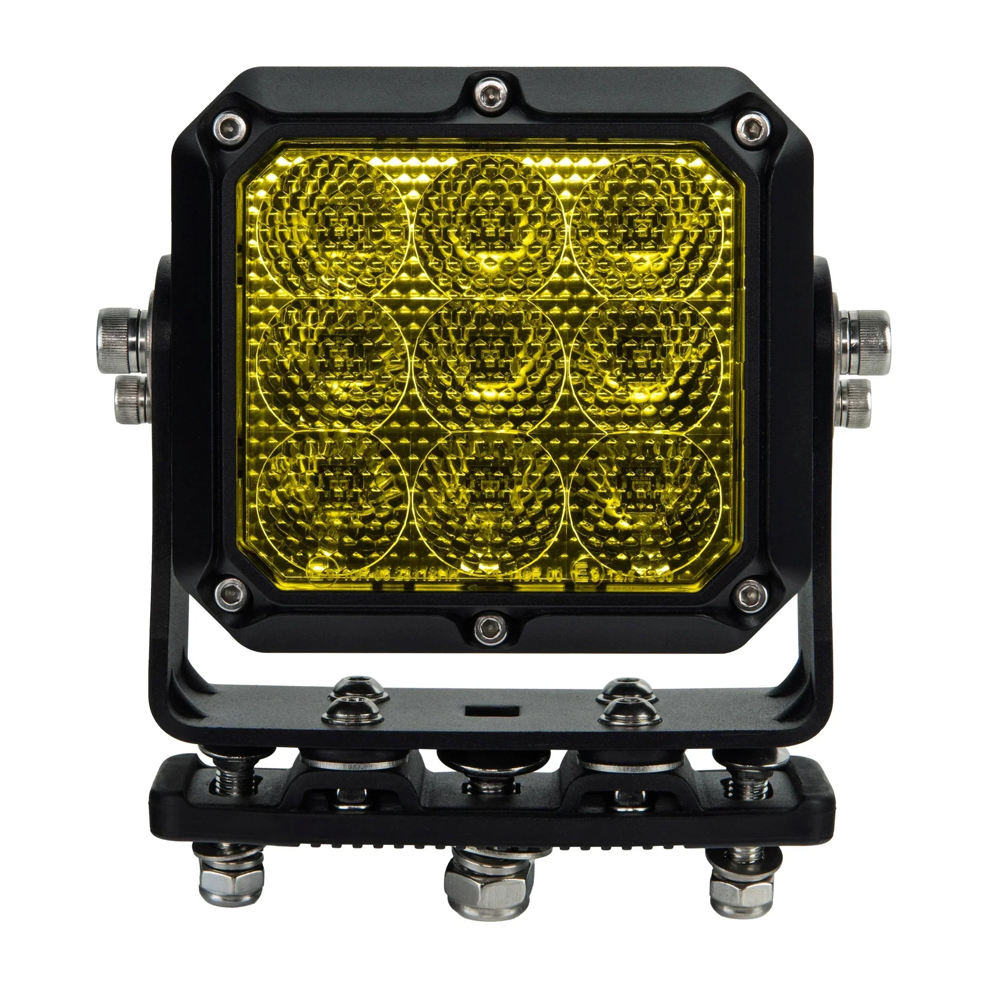 Square yellow LED off-road light pod with black mounting bracket for trucks and SUVs