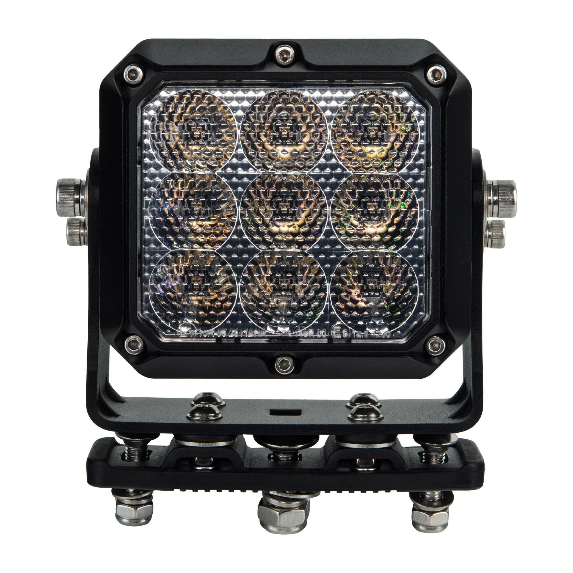 LED off-road light pod with nine reflectors, black housing, and mounting bracket for trucks