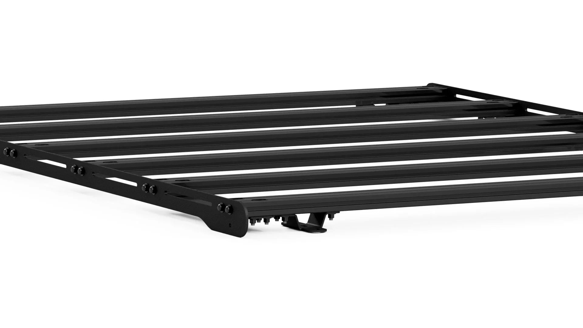 Black aluminum roof rack platform for overlanding and adventure vehicles, isolated on white