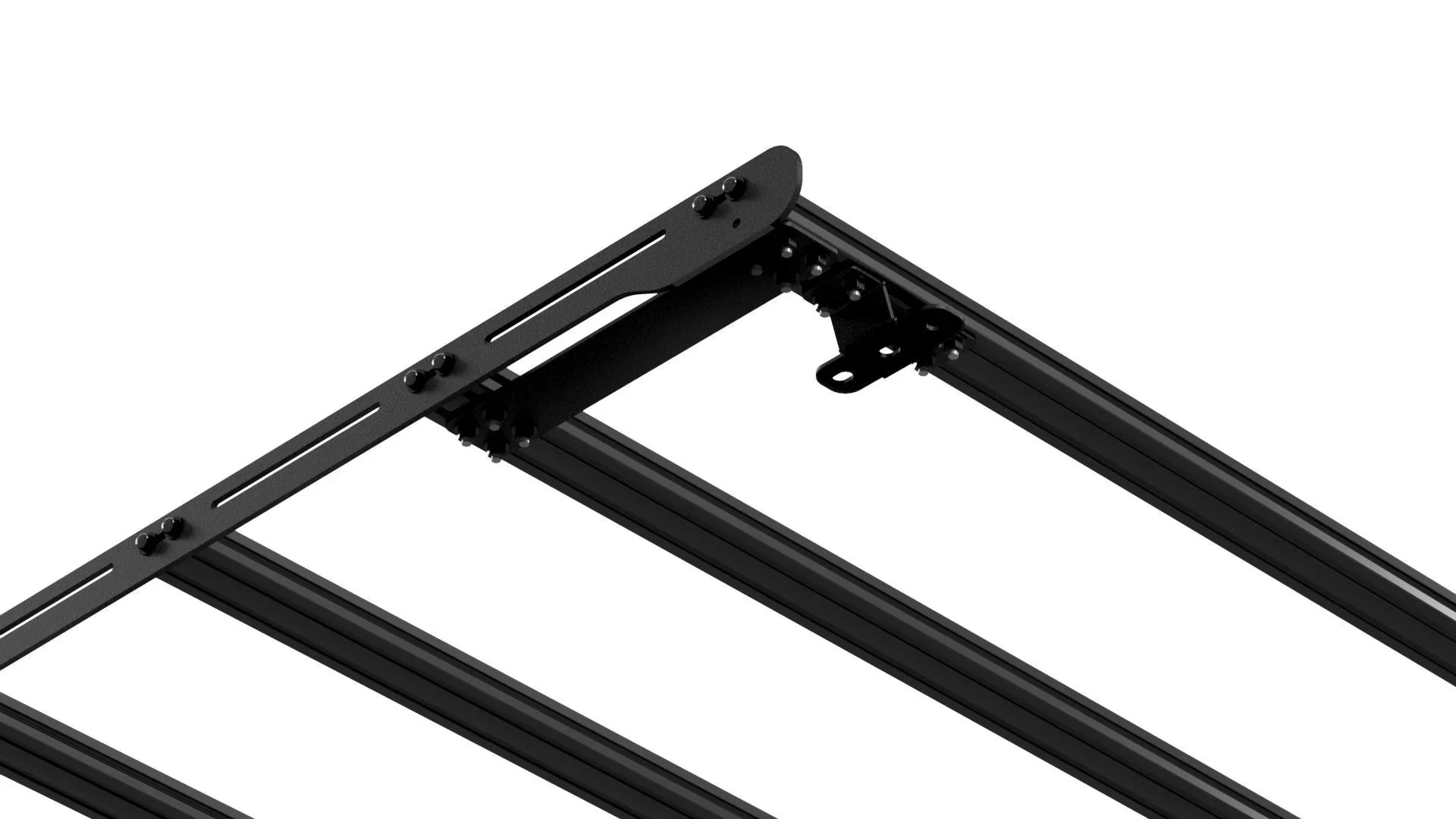 Black modular roof rack crossbars, metal slats, and mounting bracket for off-road vehicles