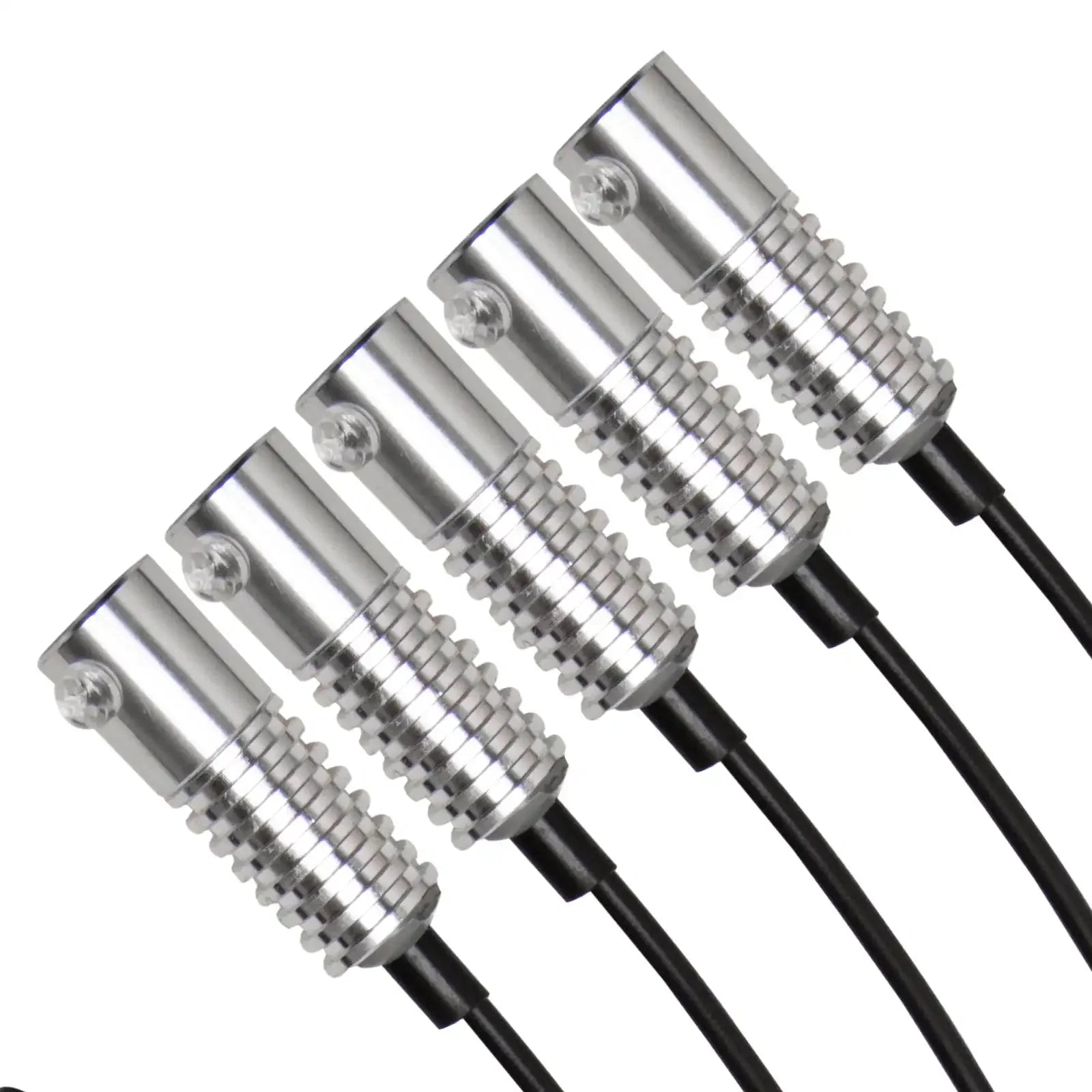 Set of five silver aluminum LED rock lights with black cables for off-road vehicles