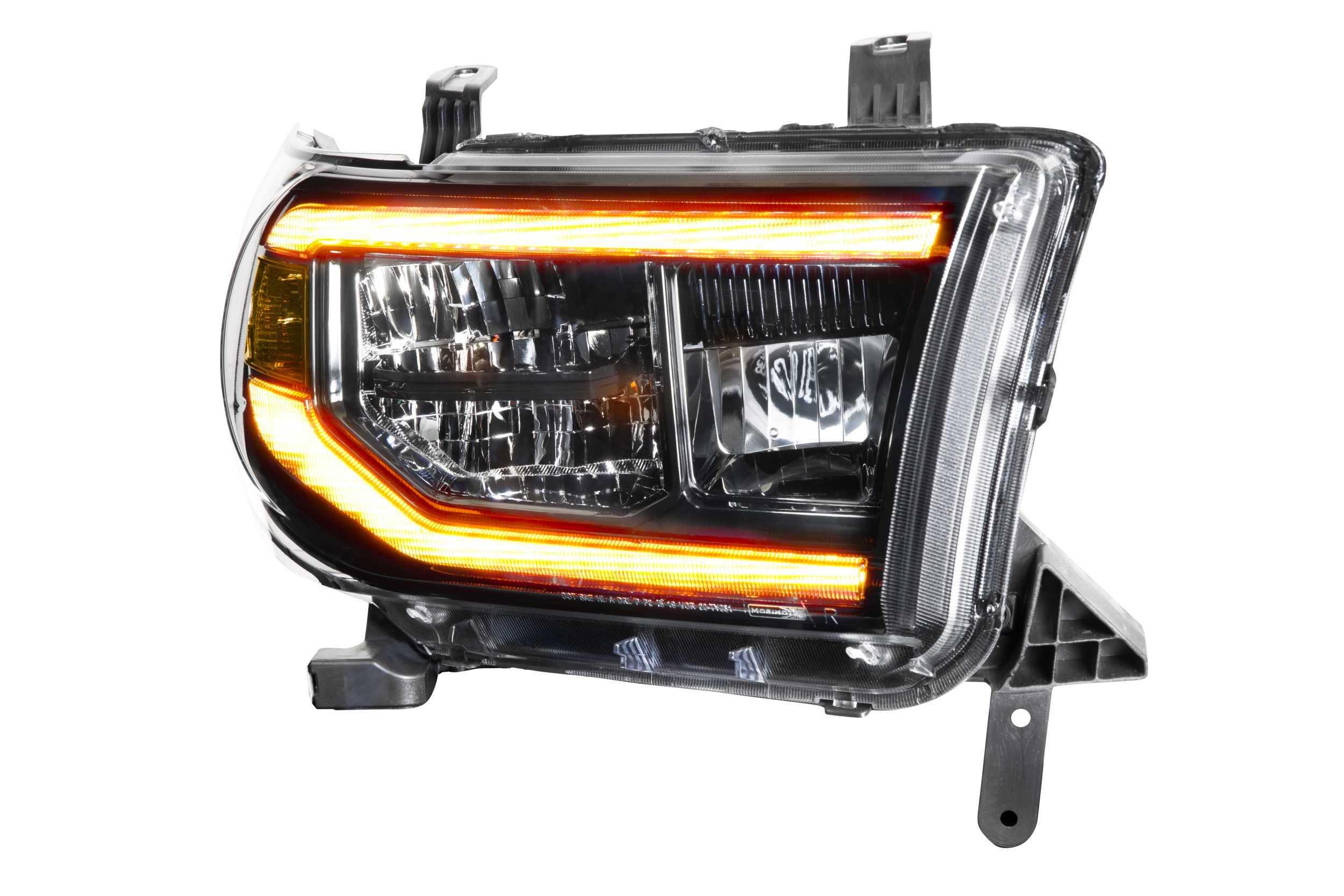 Toyota Tundra amber LED aftermarket headlight with clear lens and black housing