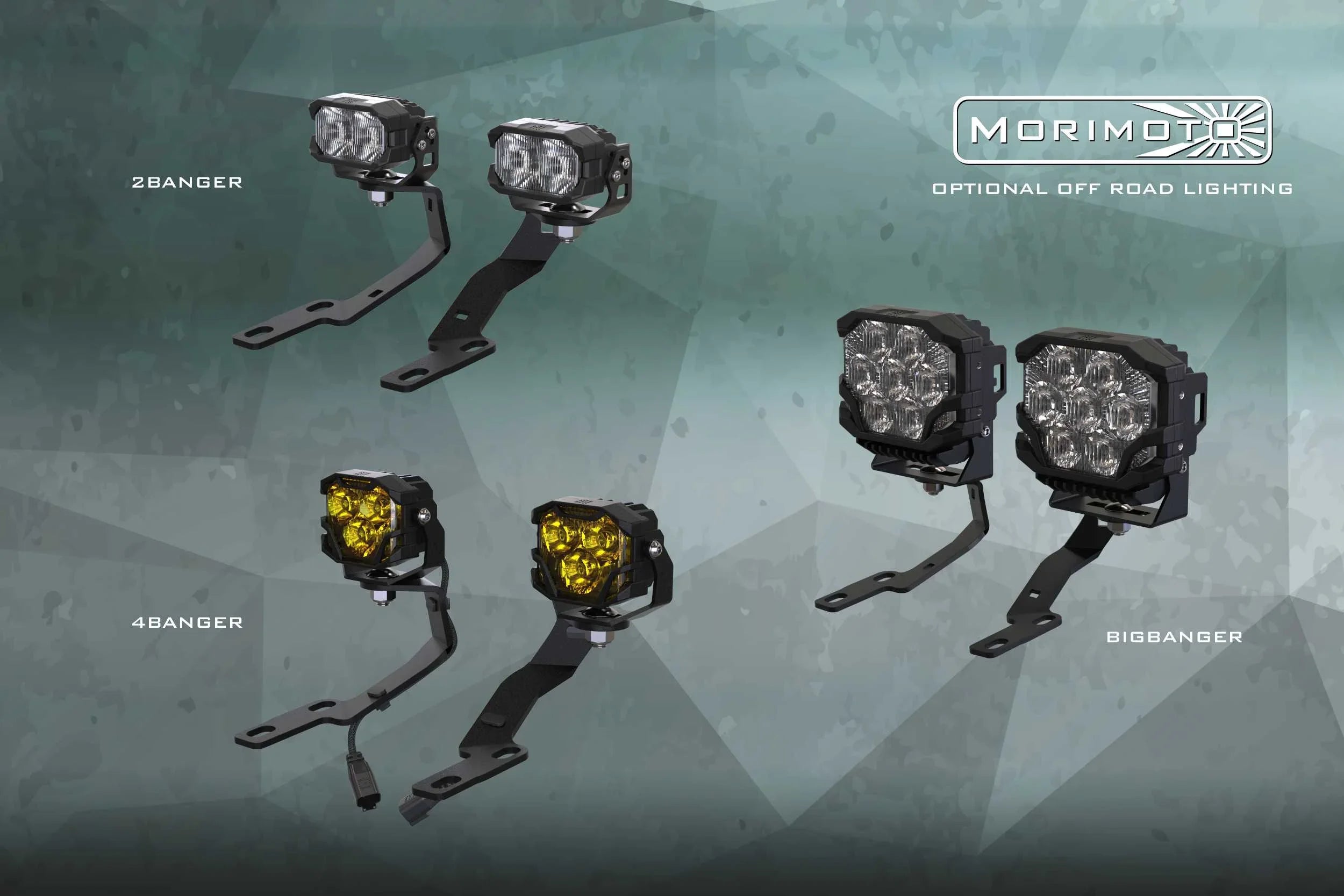 Morimoto off-road LED vehicle lights including 2Banger, 4Banger, and BigBanger models on mounts
