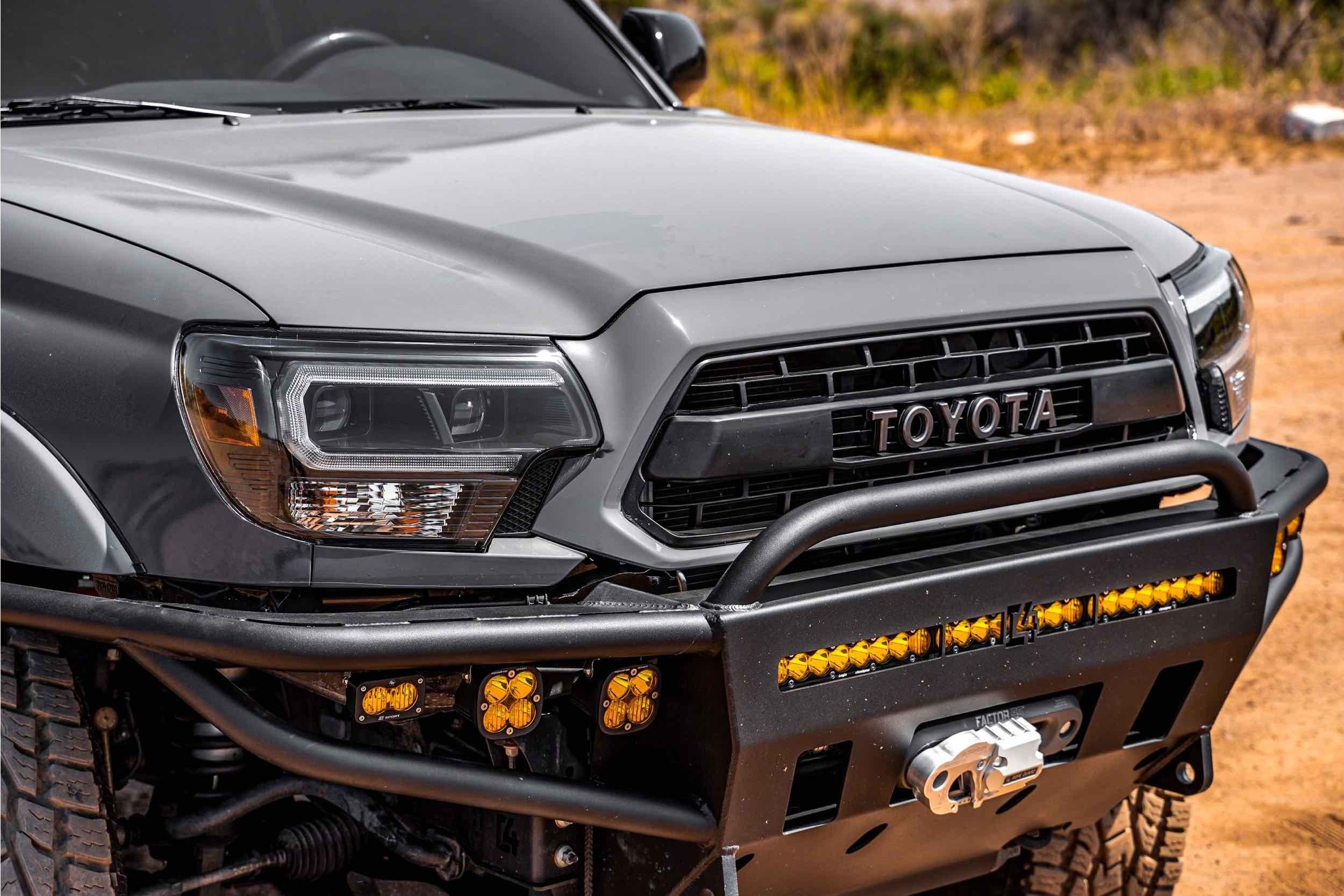 Toyota Tacoma front bumper with amber LED lights and upgraded hybrid headlights