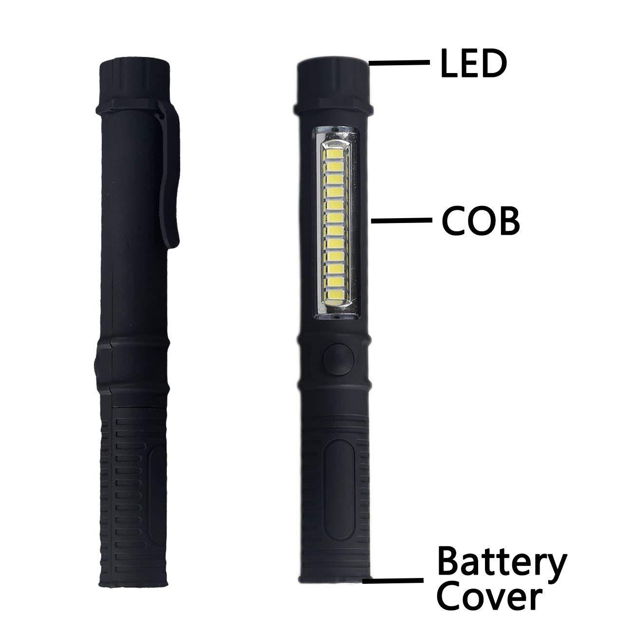 Black LED work light pen with COB panel and labeled parts for camping or vehicle use