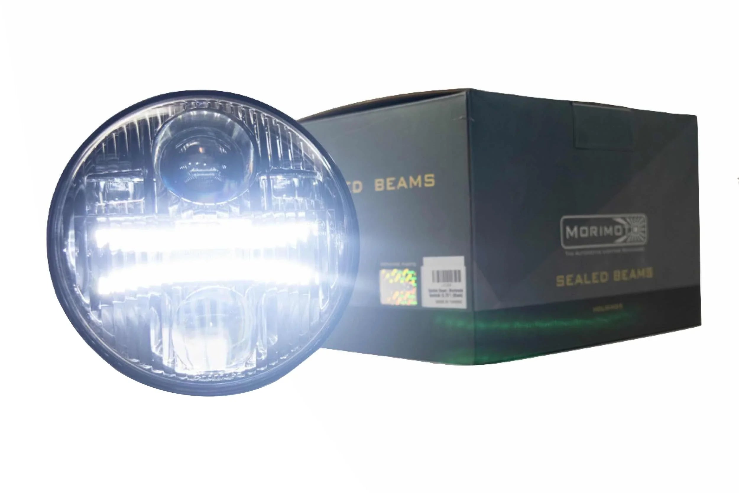 Round LED sealed beam headlight illuminated, with packaging box in background