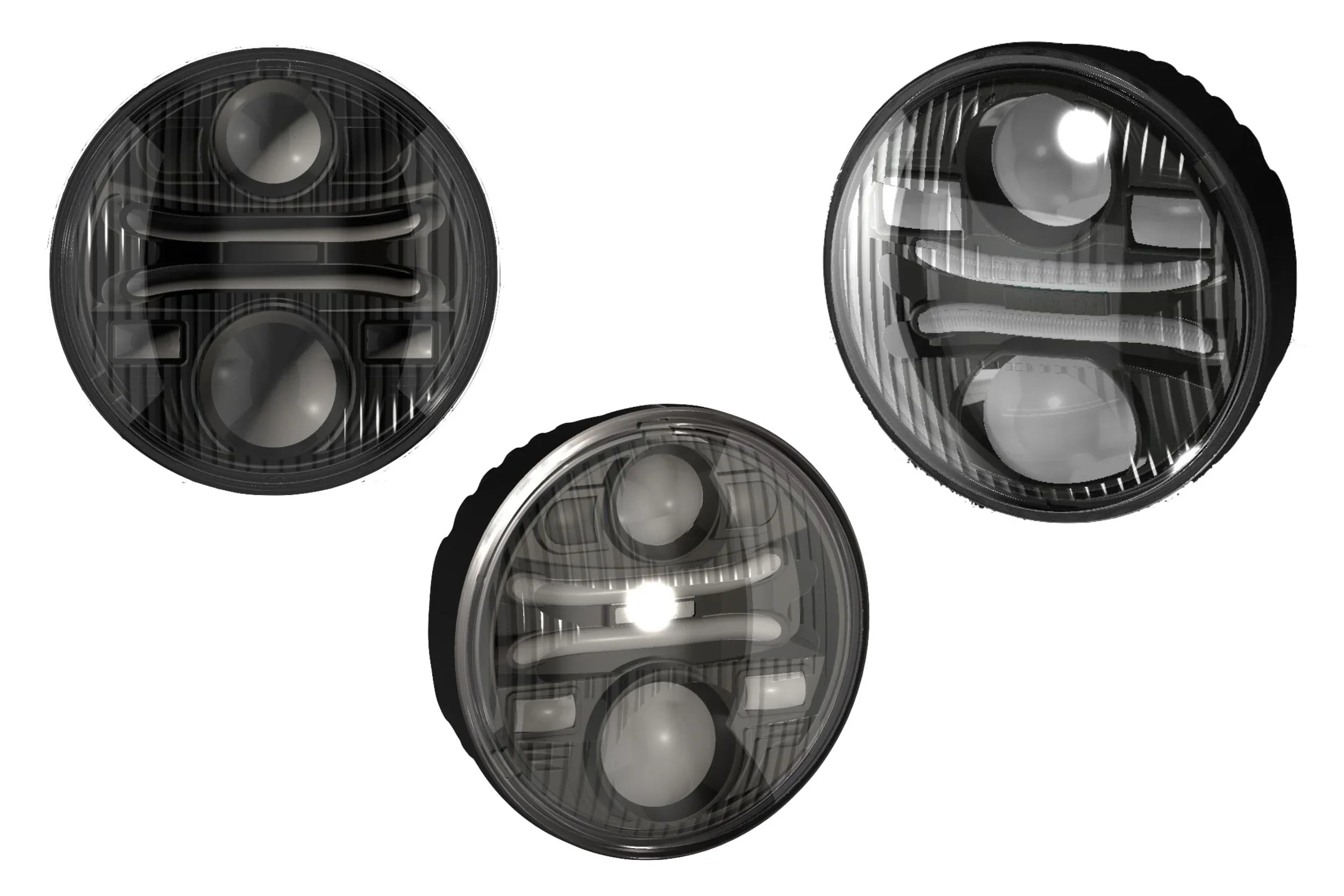 Round LED projector headlights for off-road vehicles, shown from multiple angles.