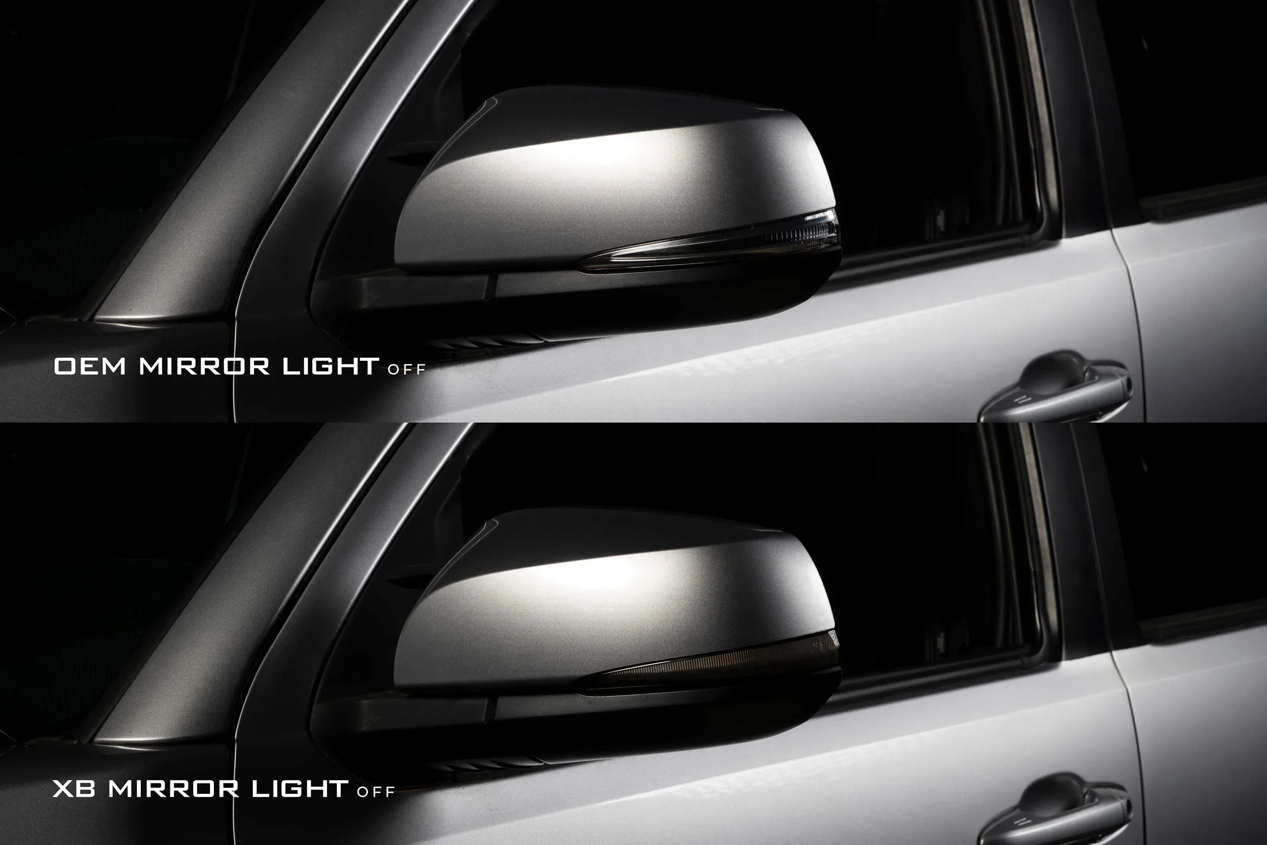 Comparison of OEM and XB mirror lights off on a Toyota Tacoma side mirror