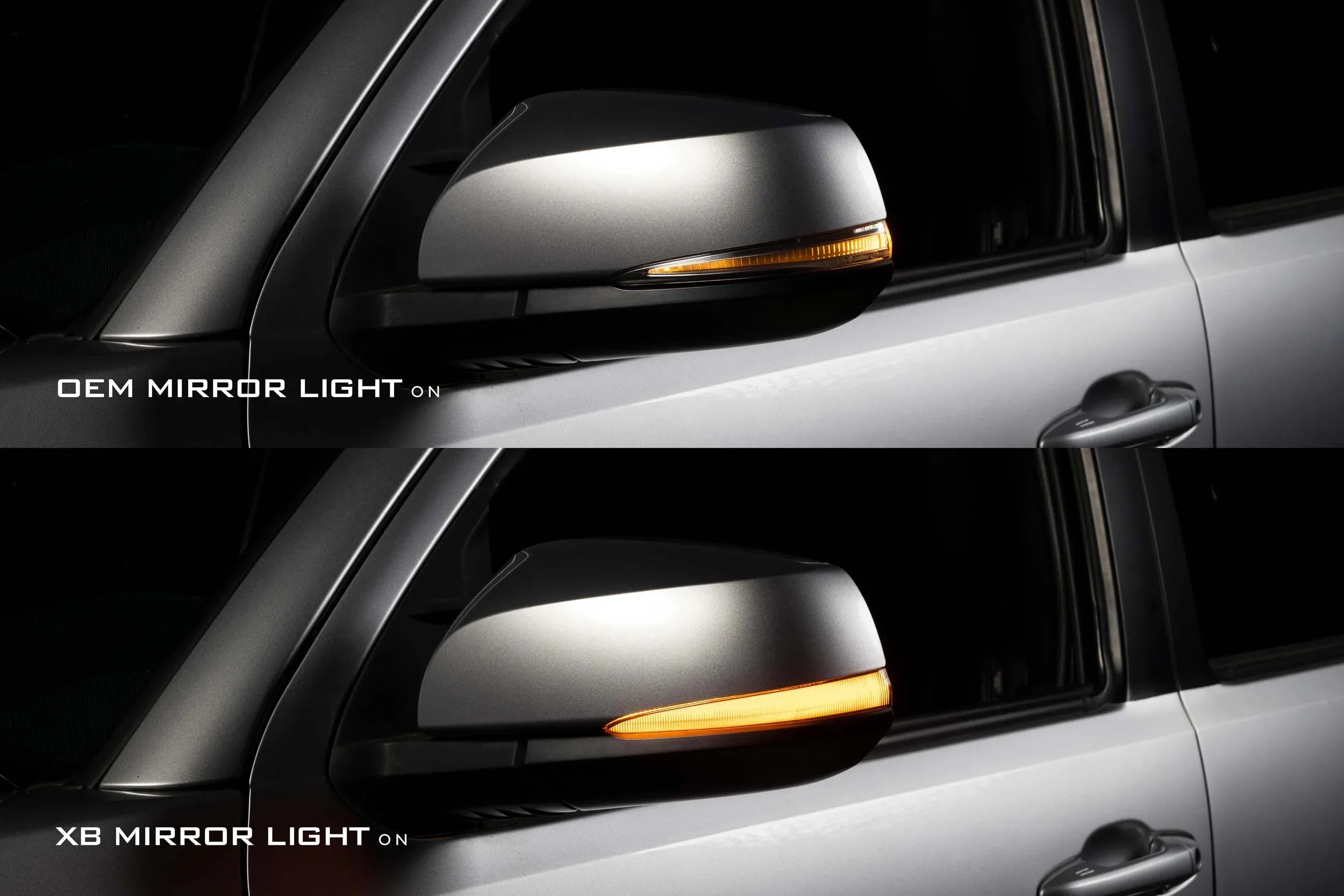 Toyota Tacoma side mirror with OEM and XB mirror lights illuminated for comparison