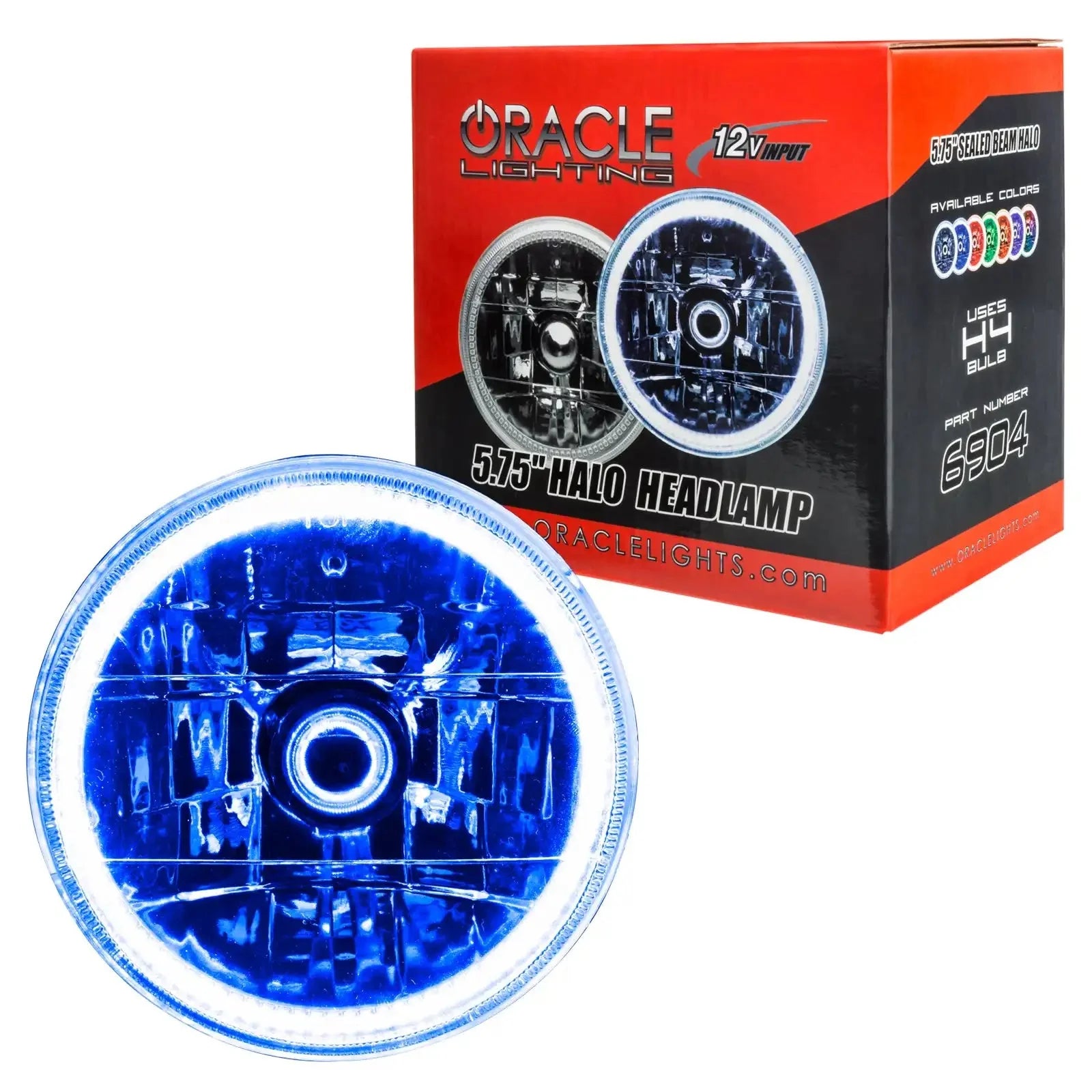 5.75-inch blue halo headlamp with white LED ring for off-road vehicles, product box included