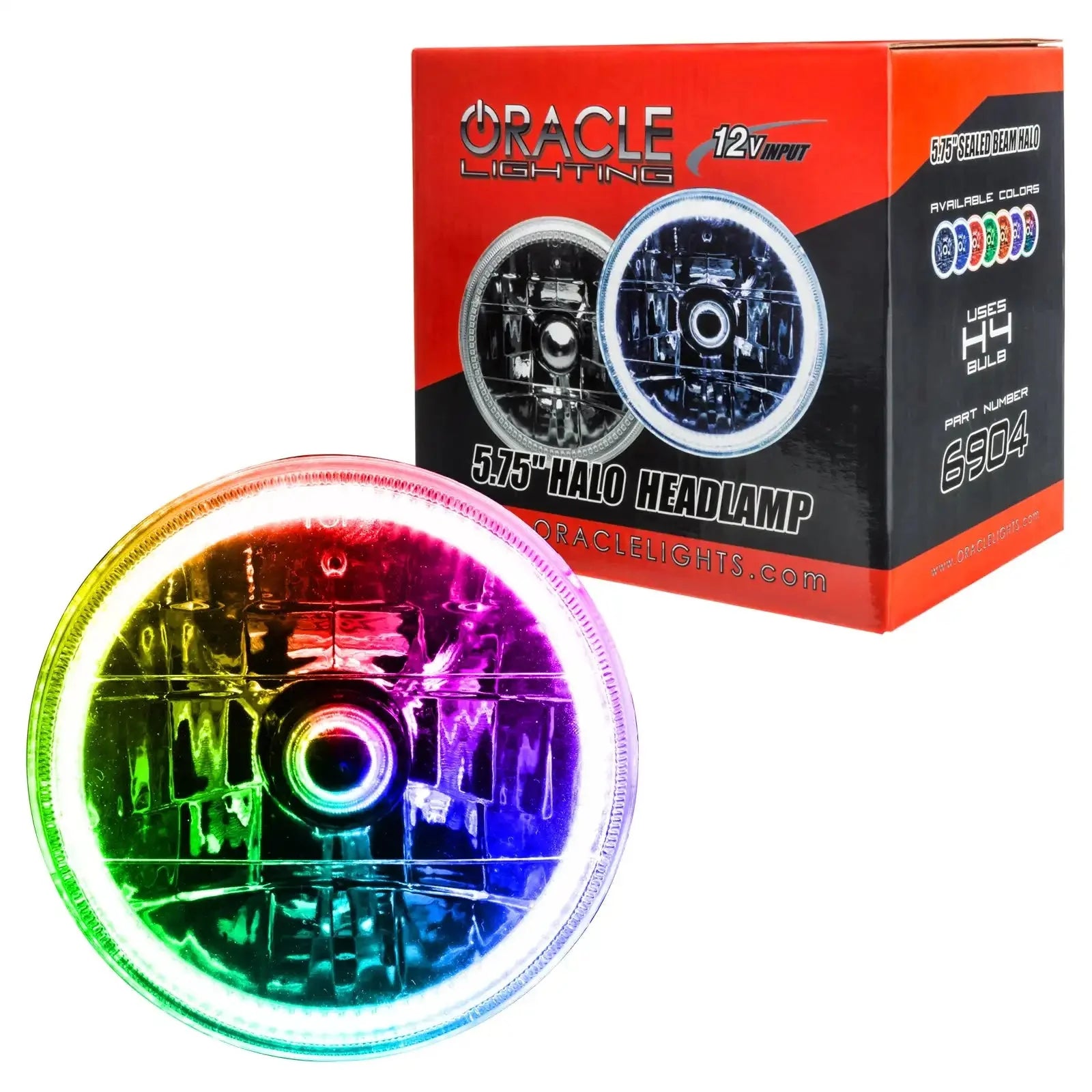 5.75-inch multi-color LED halo headlamp for vehicles, shown with box packaging