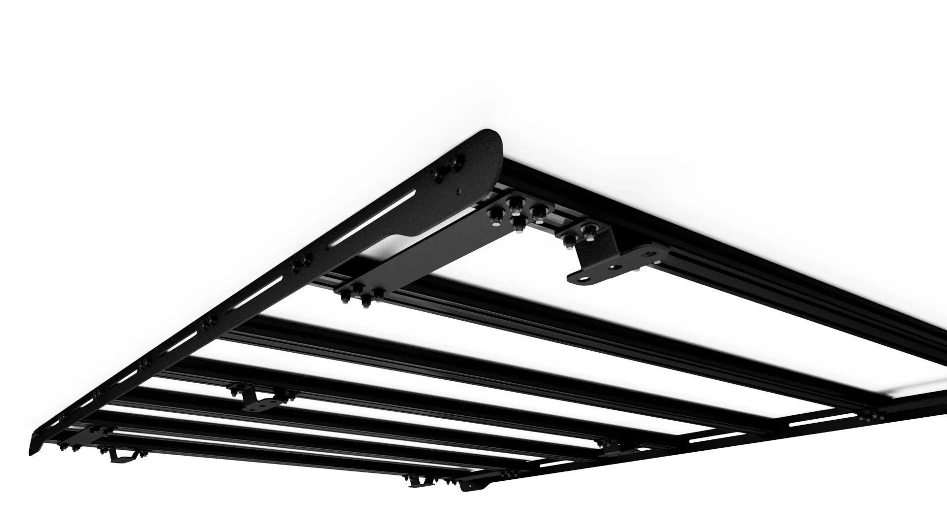 Black aluminum roof rack crossbars and mounting brackets for overlanding vehicles