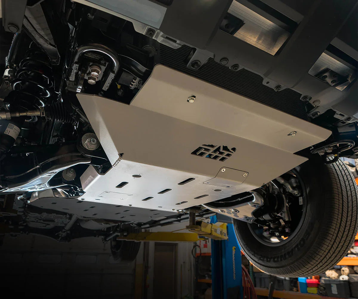 Front skid plate installed on 6th gen Toyota 4Runner for off-road undercarriage protection.