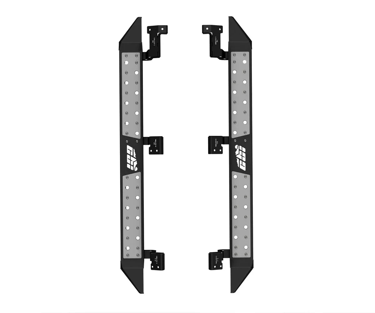 Pair of heavy-duty black metal side steps with textured silver plates and mounting brackets for trucks or SUVs