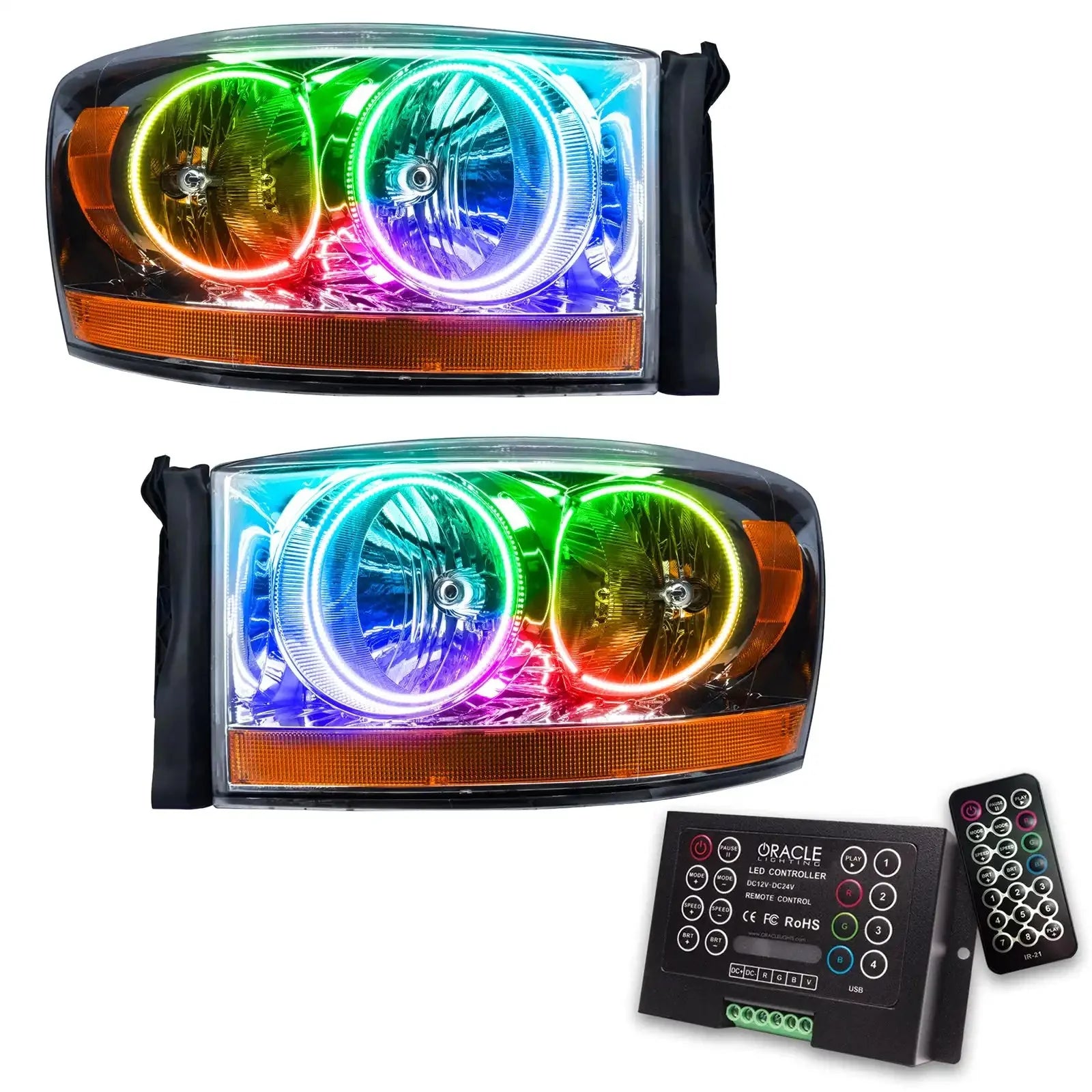Pair of multicolor LED halo projector headlights with wireless controller for trucks or SUVs