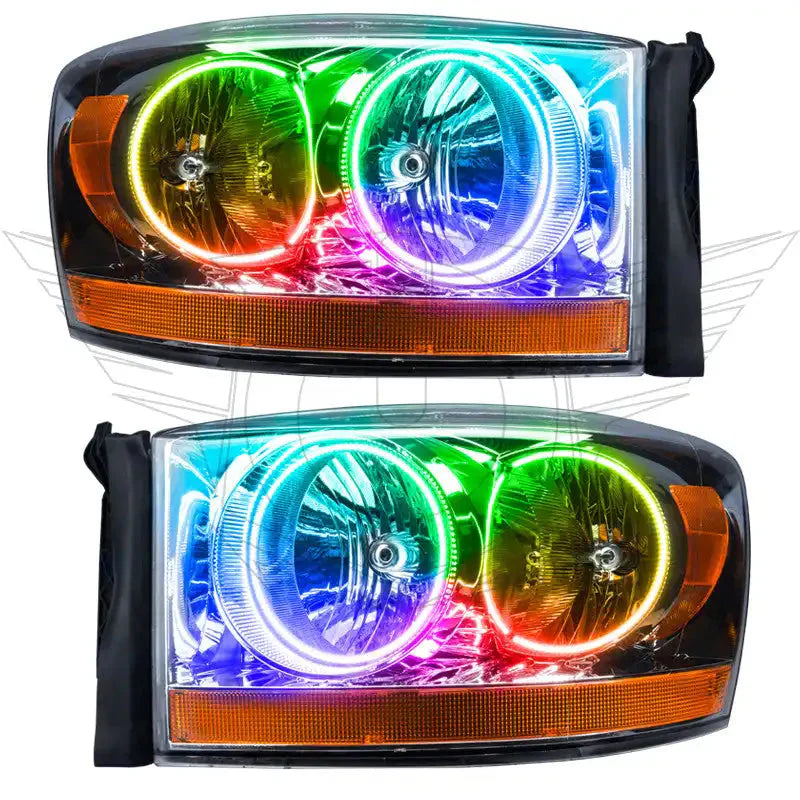 Pair of LED RGB halo projector headlights for Toyota Tacoma, multi-color lens, closeup