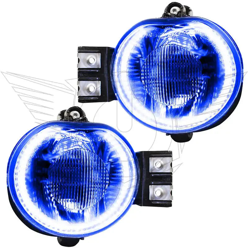 Pair of round blue LED off-road fog lights with white halo rings for trucks and SUVs