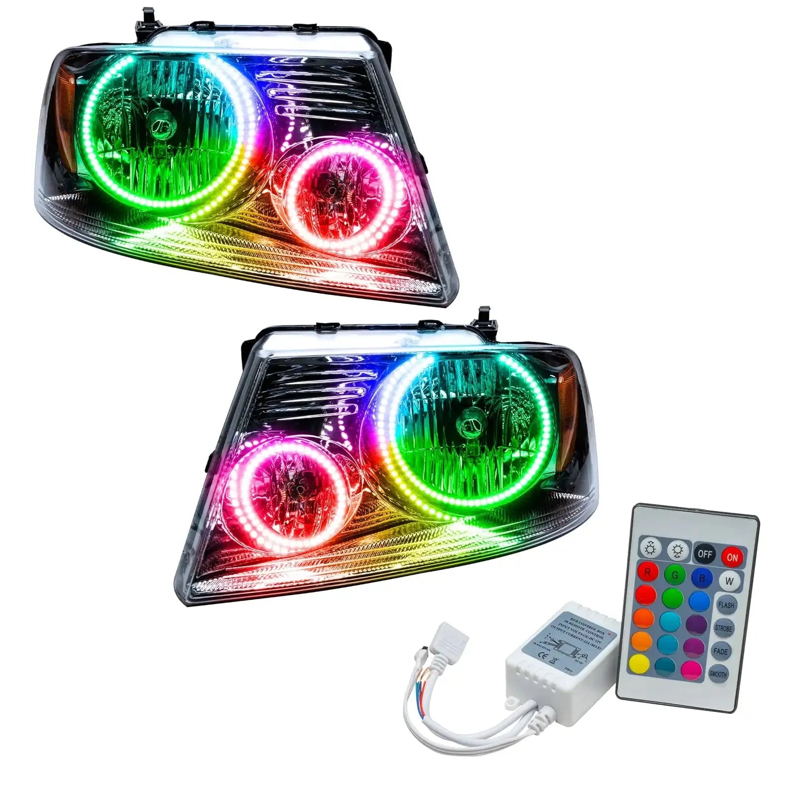 Pair of multicolor LED halo headlights with remote control for off-road vehicles