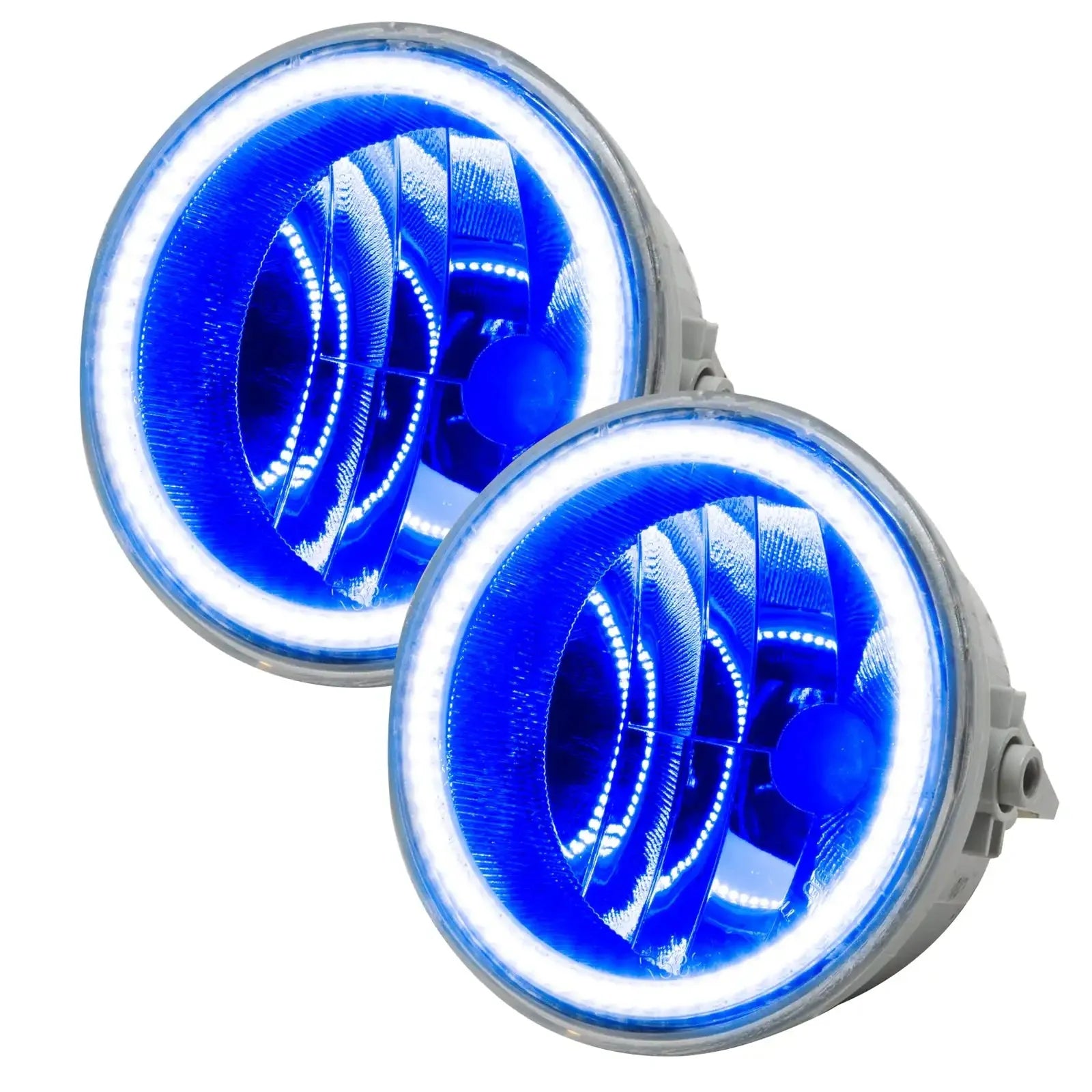 Pair of round LED halo headlights with blue center for off-road or overlanding vehicles