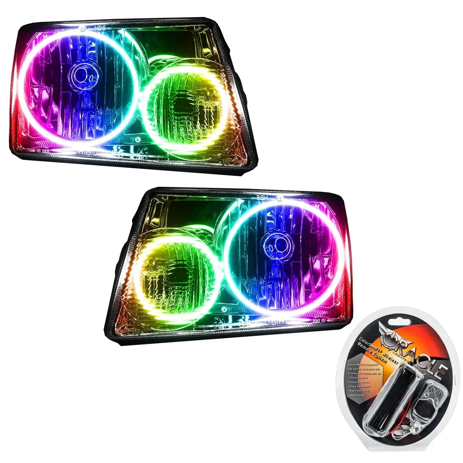 Pair of rectangular RGB LED halo headlights for off-road vehicles with remote control kit
