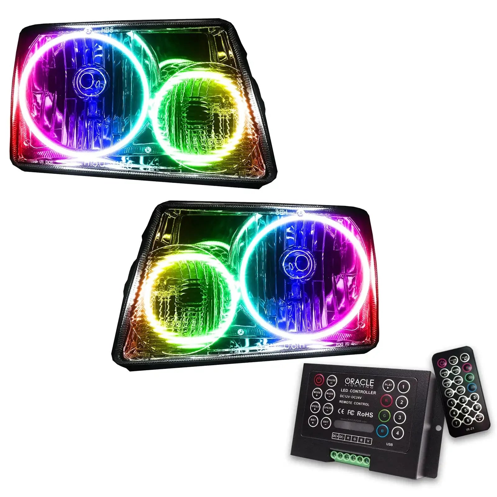 Pair of RGB LED halo headlights with multi-color rings and remote control for vehicles