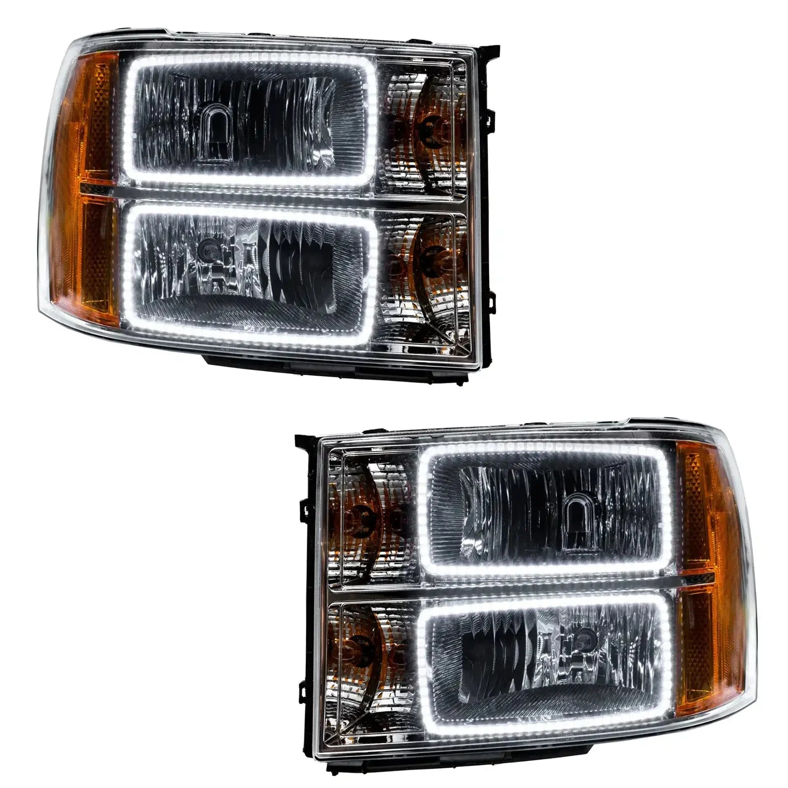 Pair of aftermarket LED halo projector headlights with amber side reflectors for trucks or SUVs