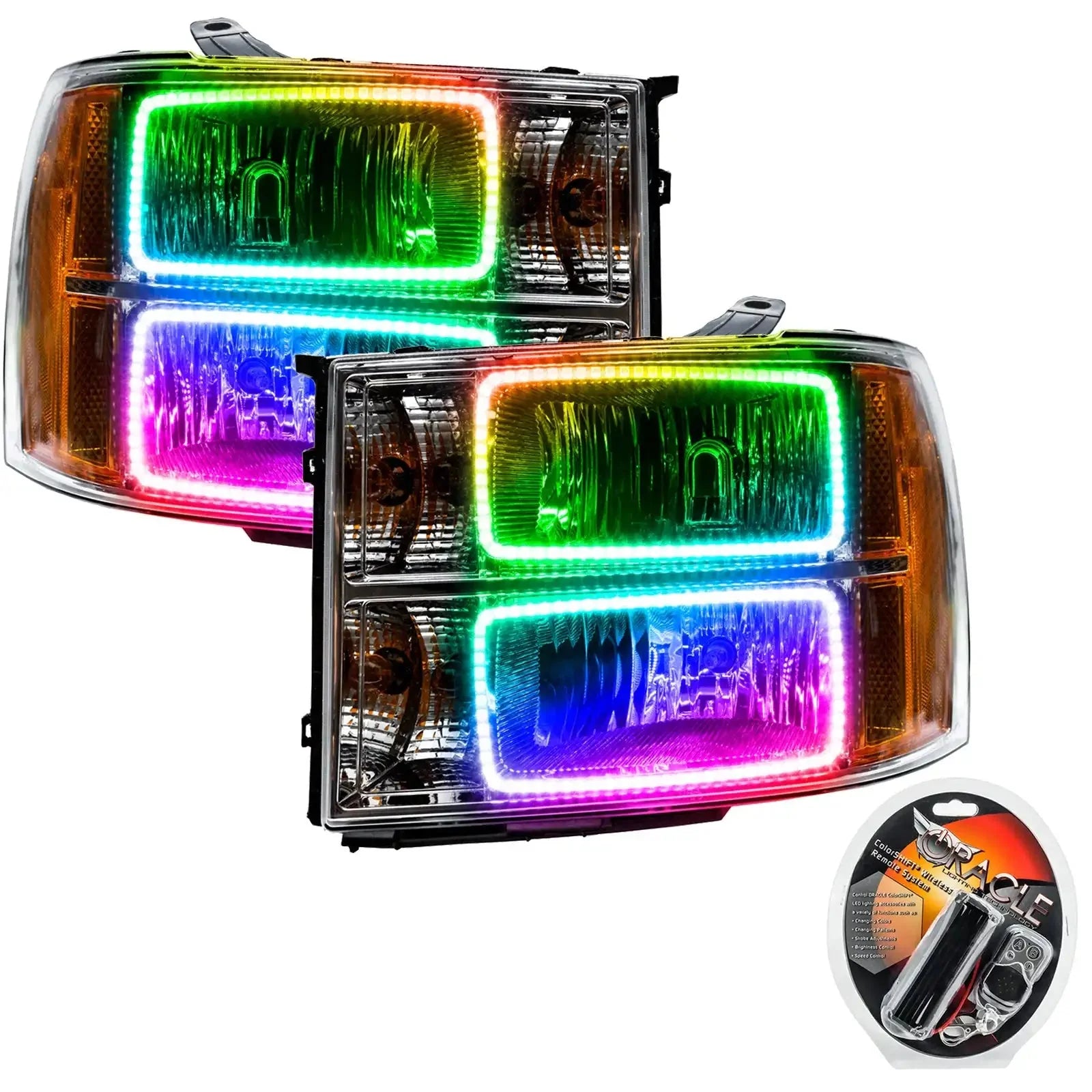 Pair of truck headlights with multicolor LED halo accent lights and remote control kit