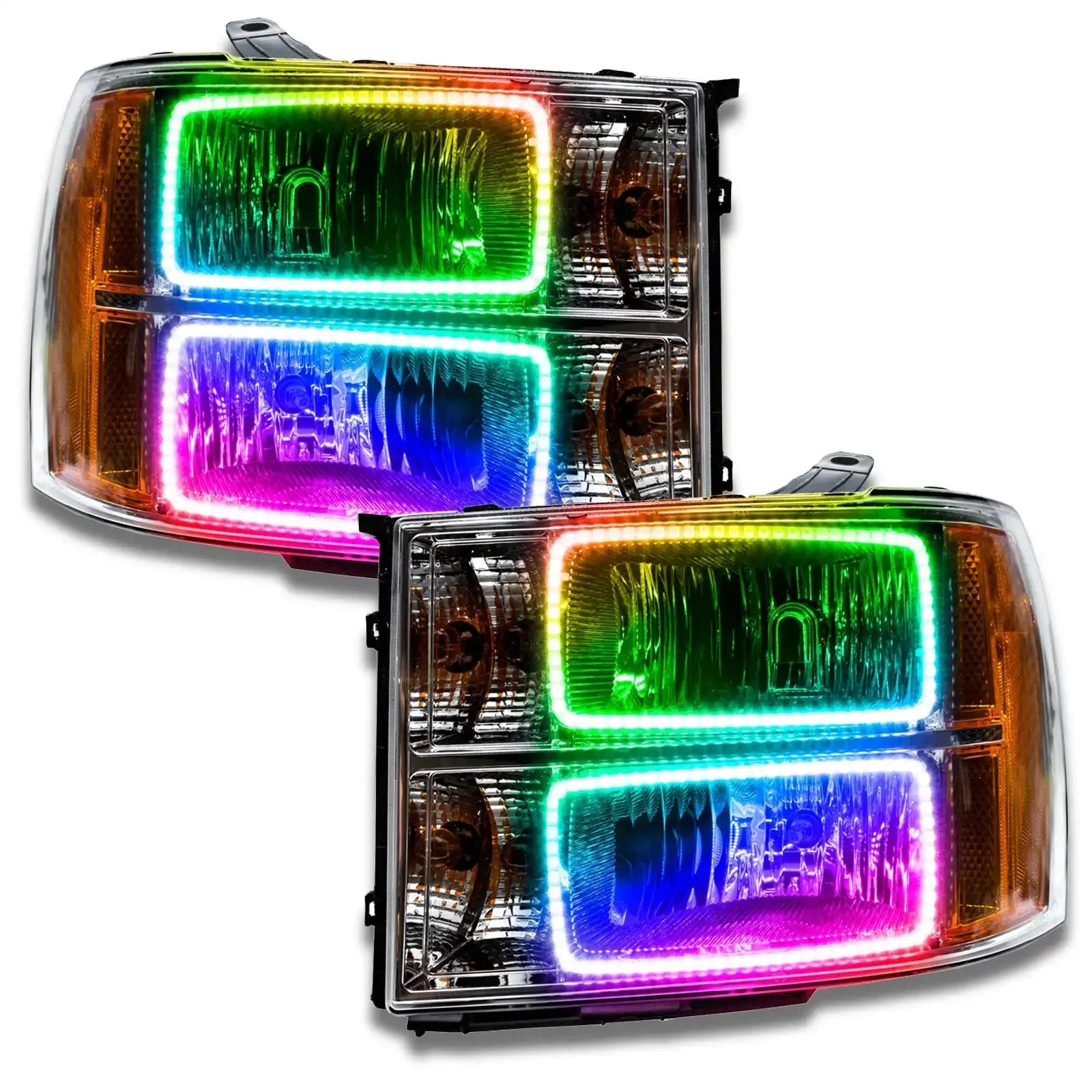 Pair of LED RGB halo headlights with clear lens for trucks or off-road vehicles